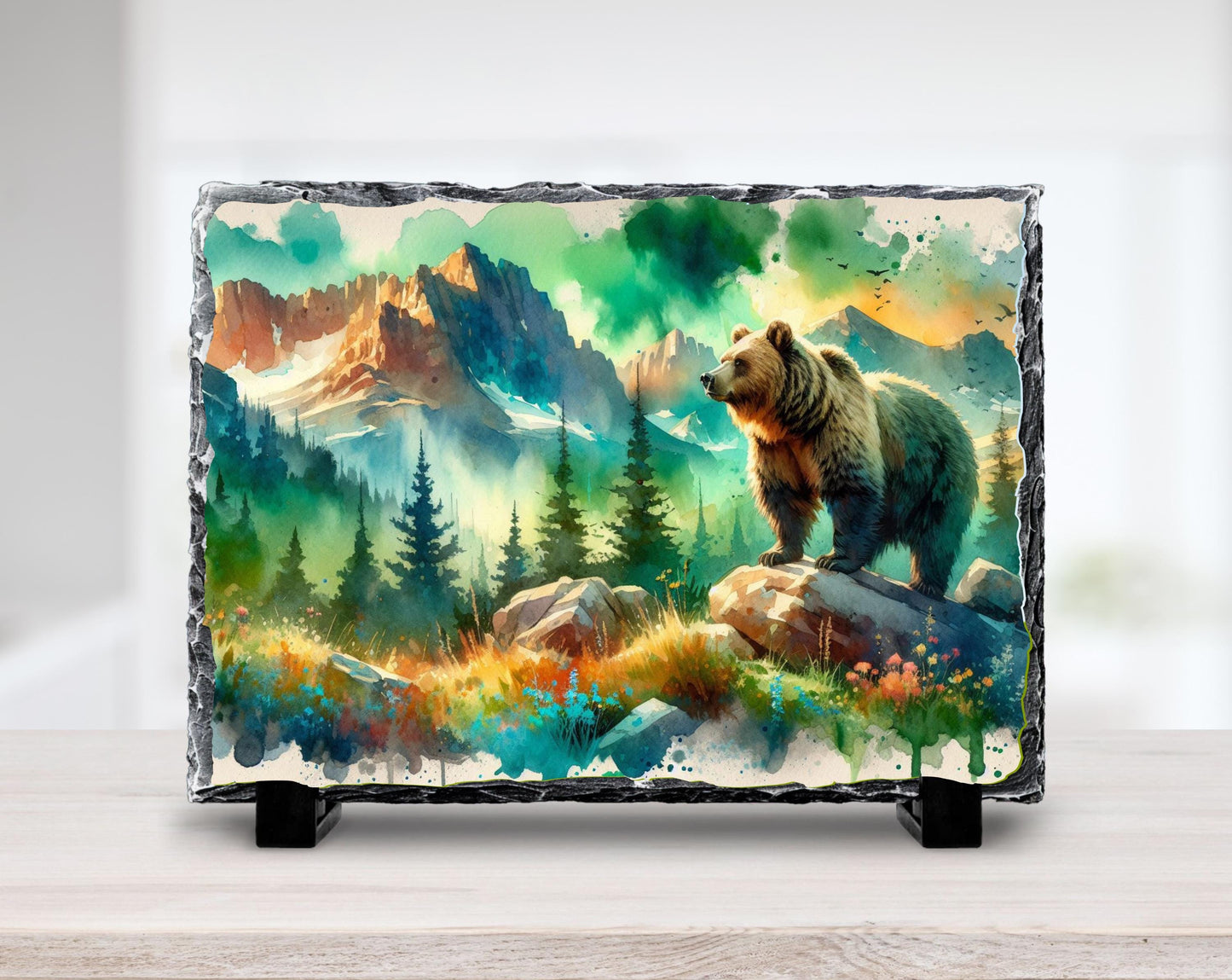 Rustic Bear Slate Plaque - Scenic River Mountain Forest Decor Gift