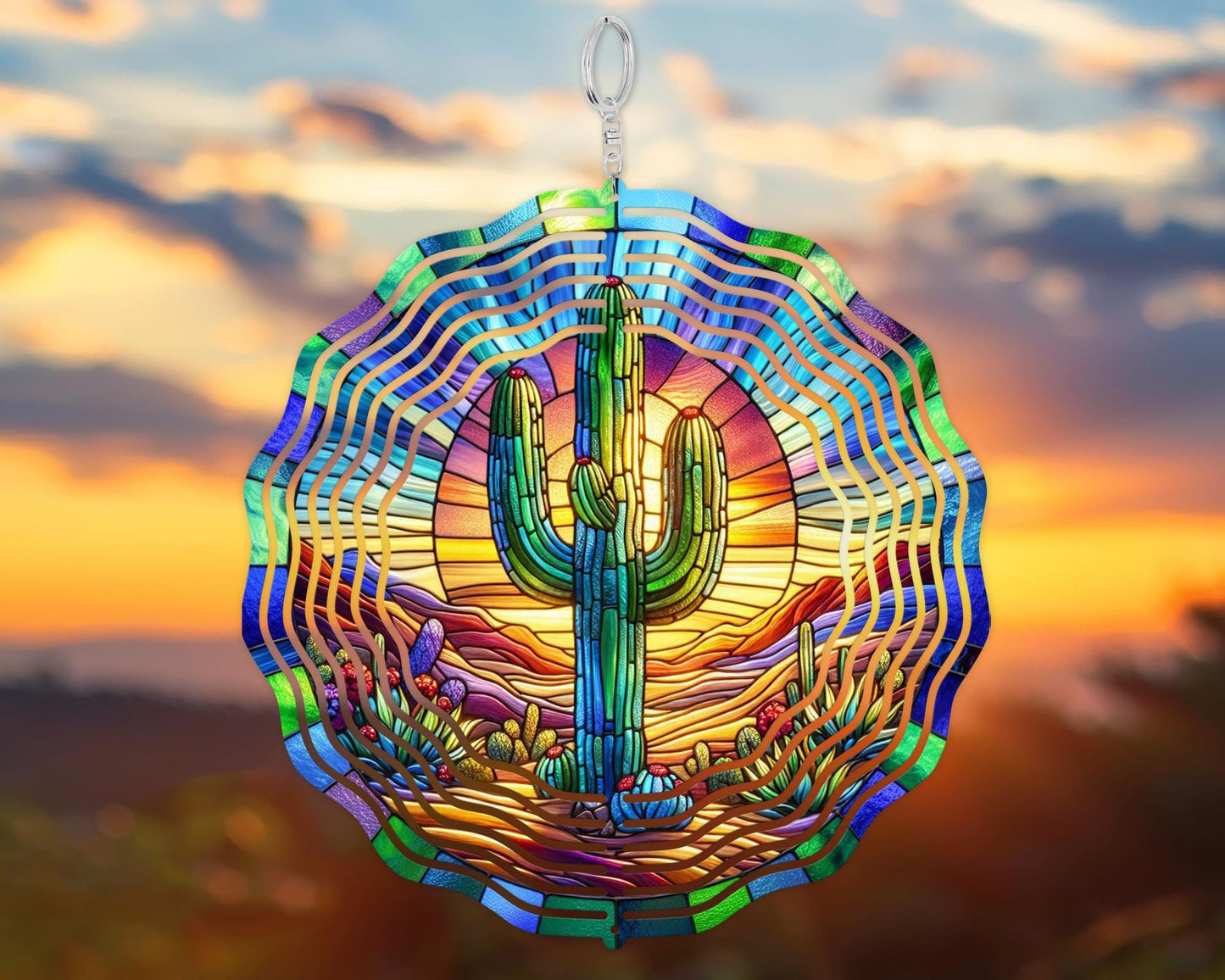 Colorful Saguaro Cactus Desert Sunset Wind Spinner, Unique Gifts for Men, State Pride Kinetic Art, Hanging Patio Decor, State Flower Garden