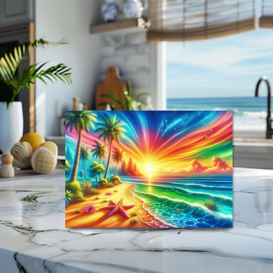 Tropical Sunset Glass Cutting Board with Starfish Design - Ideal Unique Hostess Gift