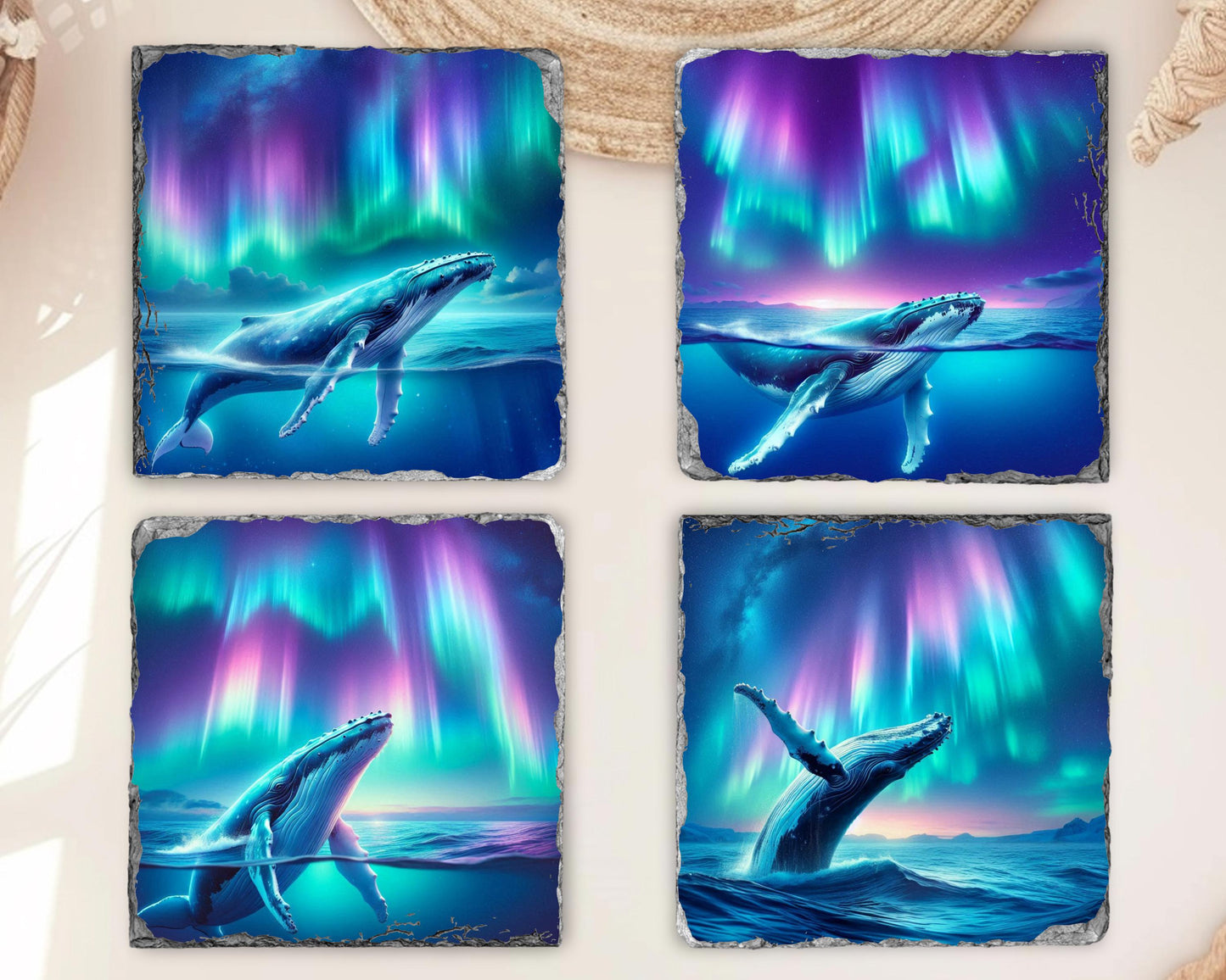Humpback Whale Slate Coaster Set Ocean Art Gift for Whale Lovers Featuring Northern Lights Design