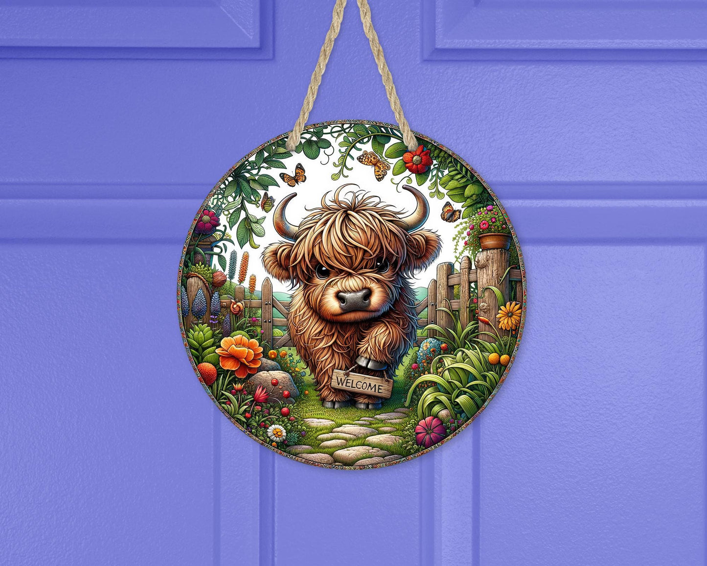 Colorful Baby Highland Cow Door Wreath, 10x10 Aluminum Round Sign with Flowers, Unique Gifts for Cow Lovers, Whimsical Decor, Housewarming