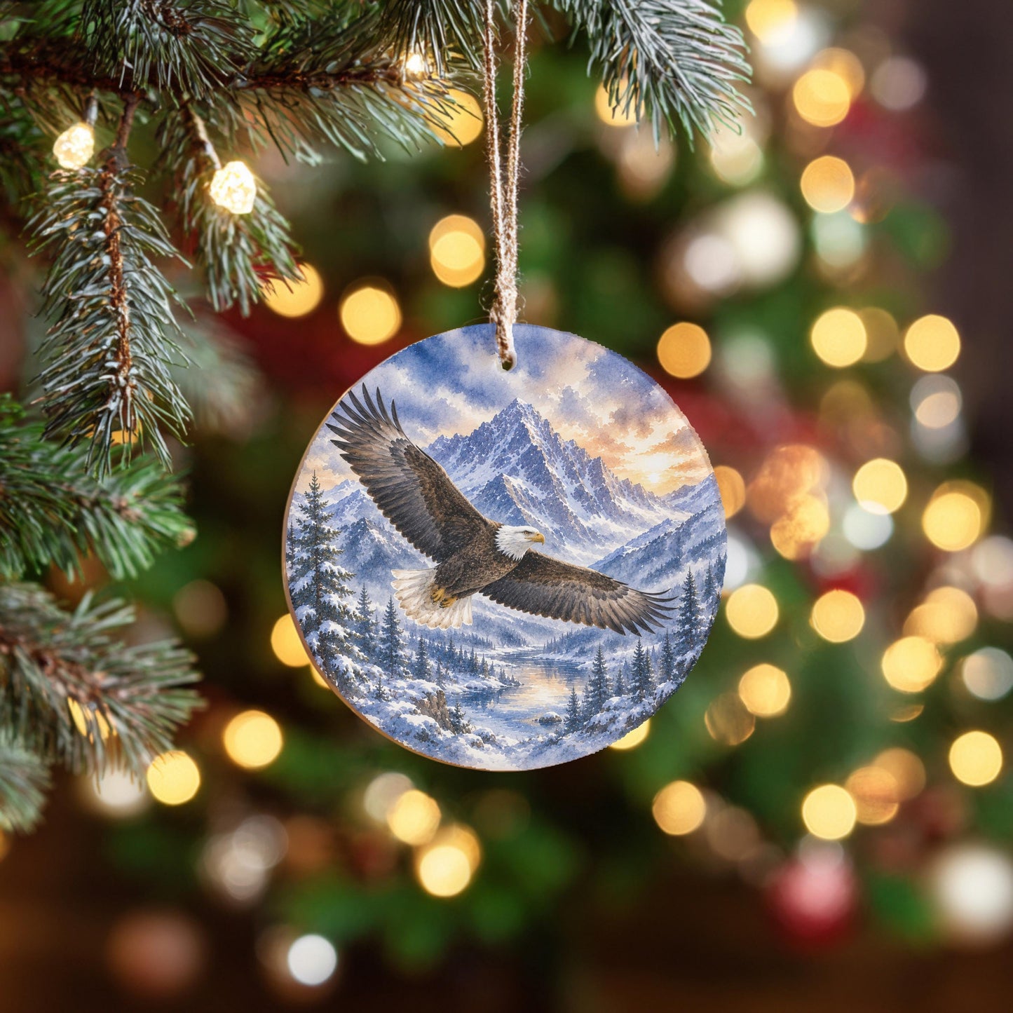 Bald Eagle Ornament, Watercolor Mountains, 3 Inch Ceramic Round