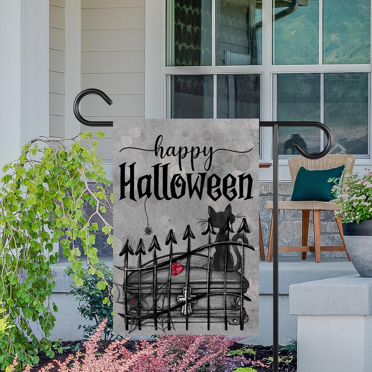 Double-Sided Halloween Garden Flag - Gothic Black Cat Spider Web Design 12x18 Inch