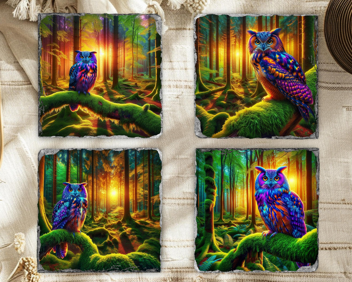 Owl Slate Coaster Set with Rack - Ideal Gift for Owl Enthusiasts