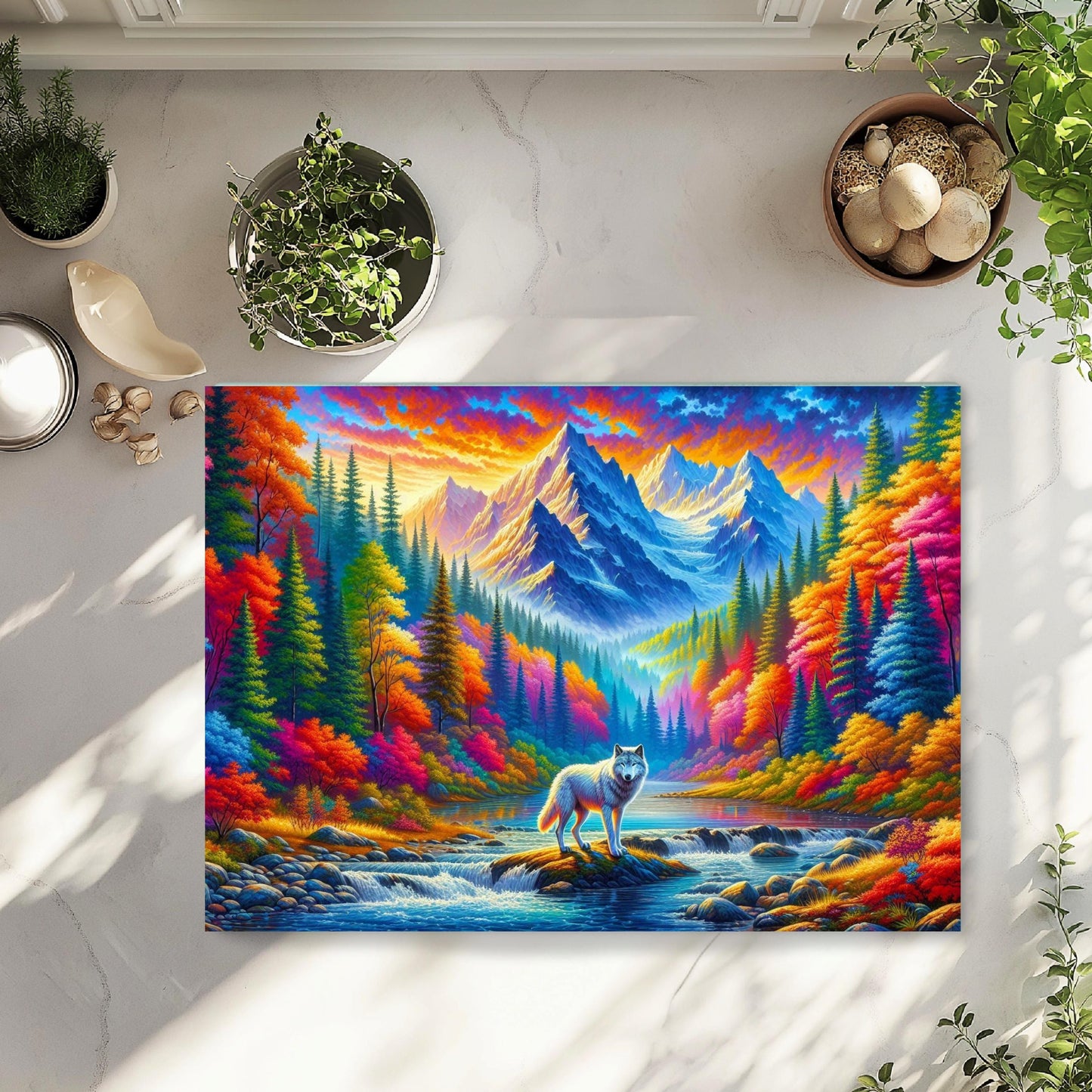 Vibrant Wolf Glass Cutting Board 11x15 Inch Fall Mountains Design - Unique Hostess Gift