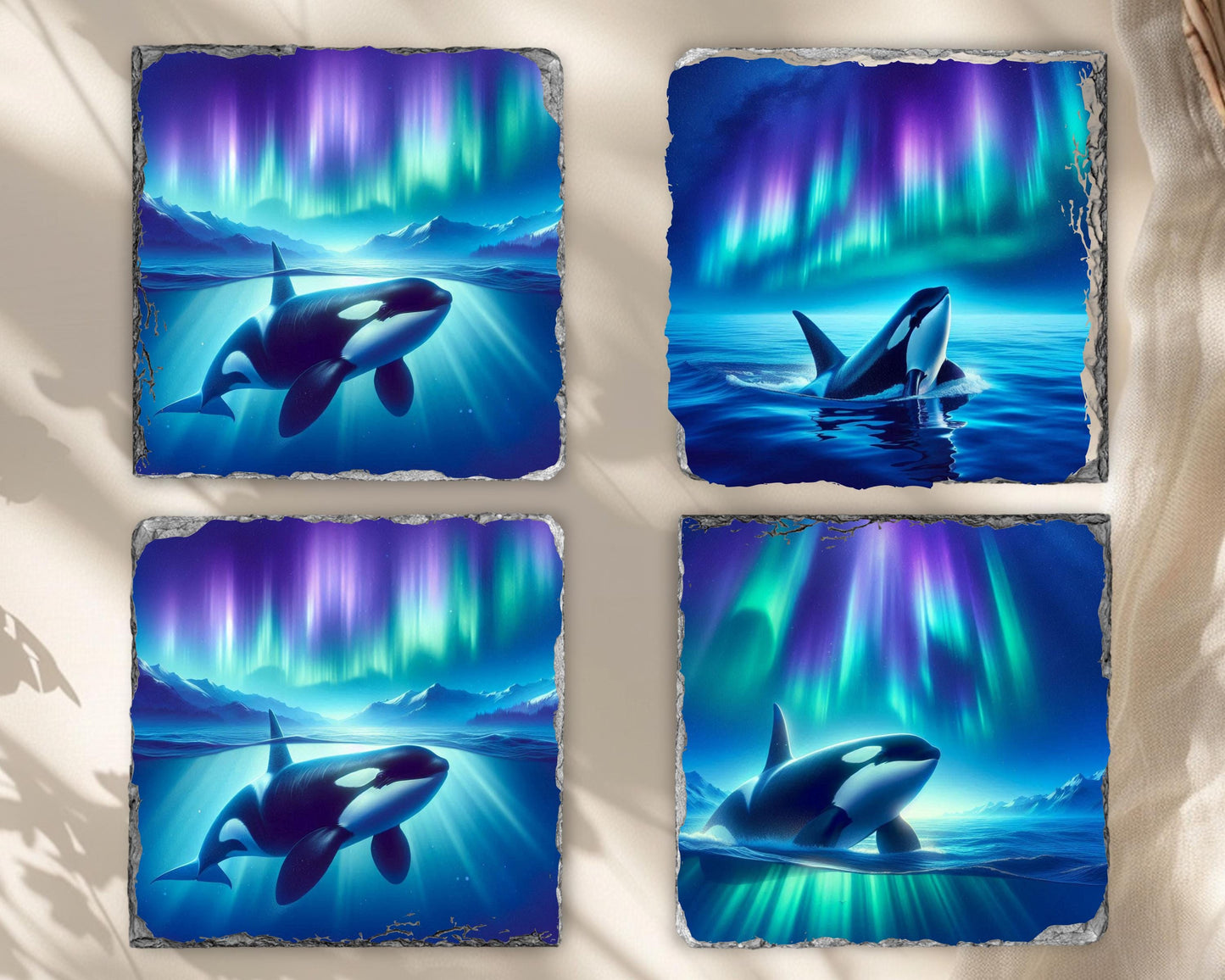 Ocean Orca Coasters Set of 4 Unique Northern Lights Decor for Whale Lovers