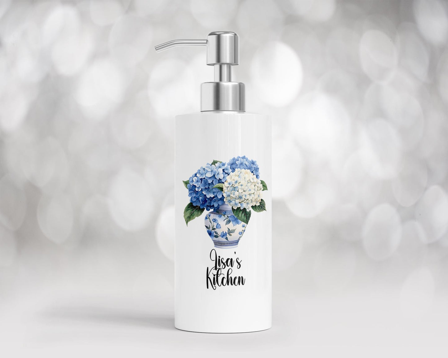 Personalized Hydrangea Soap Dispenser - Custom Chinoiserie Lotion Pump for Kitchen Decor Blue Preppy Gift