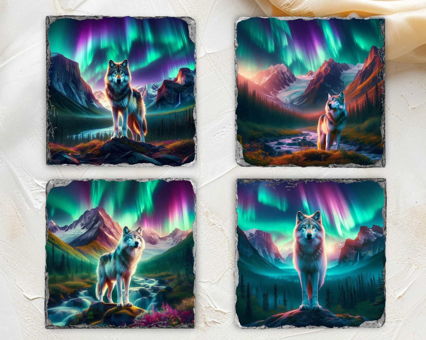 Wolf Northern Lights Rustic Slate Coaster Set with Rack