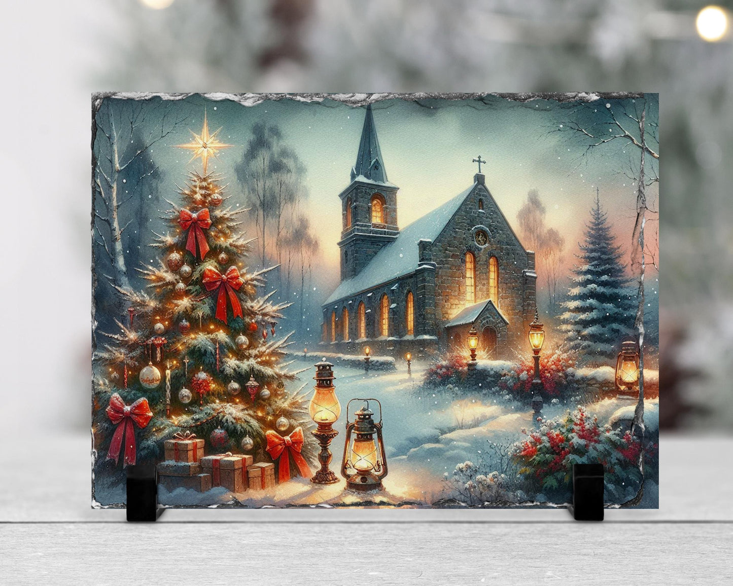 Vintage Winter Church Slate, Christmas Scene with Trees, Gifts & Oil Lamps