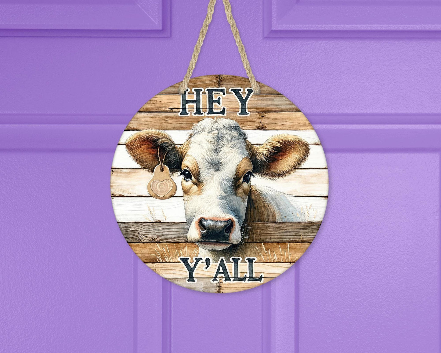 Farmhouse Round Door Wreath with Cow Decor, Faux Wood Hey Y'all Sign Unique Gifts for Cow Lover, Front Porch Decor, New Home Gift, Cow Door