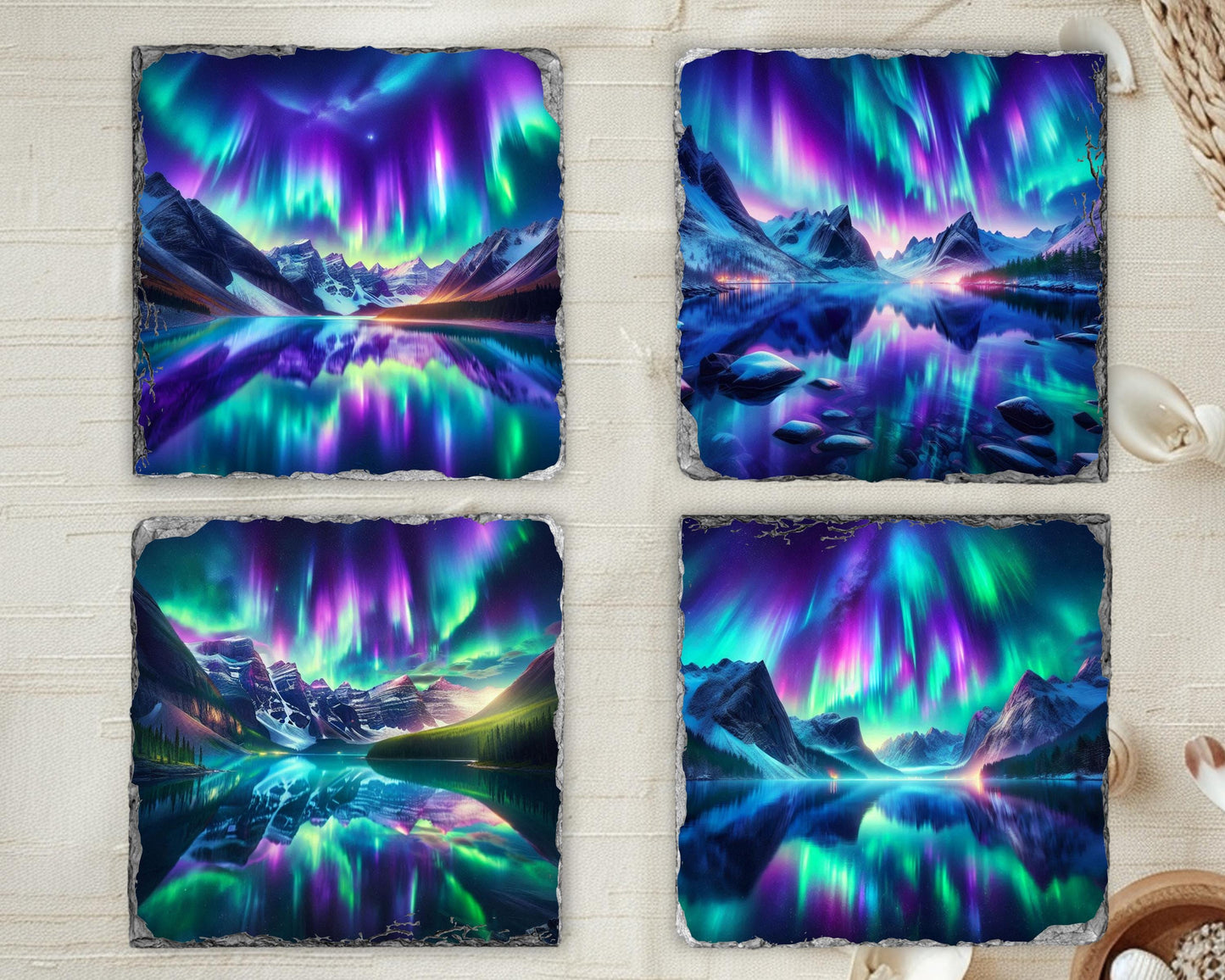 Northern Lights Slate Coaster Set with Rack - Rustic Mountain Lake Design Perfect for Holiday Gifting