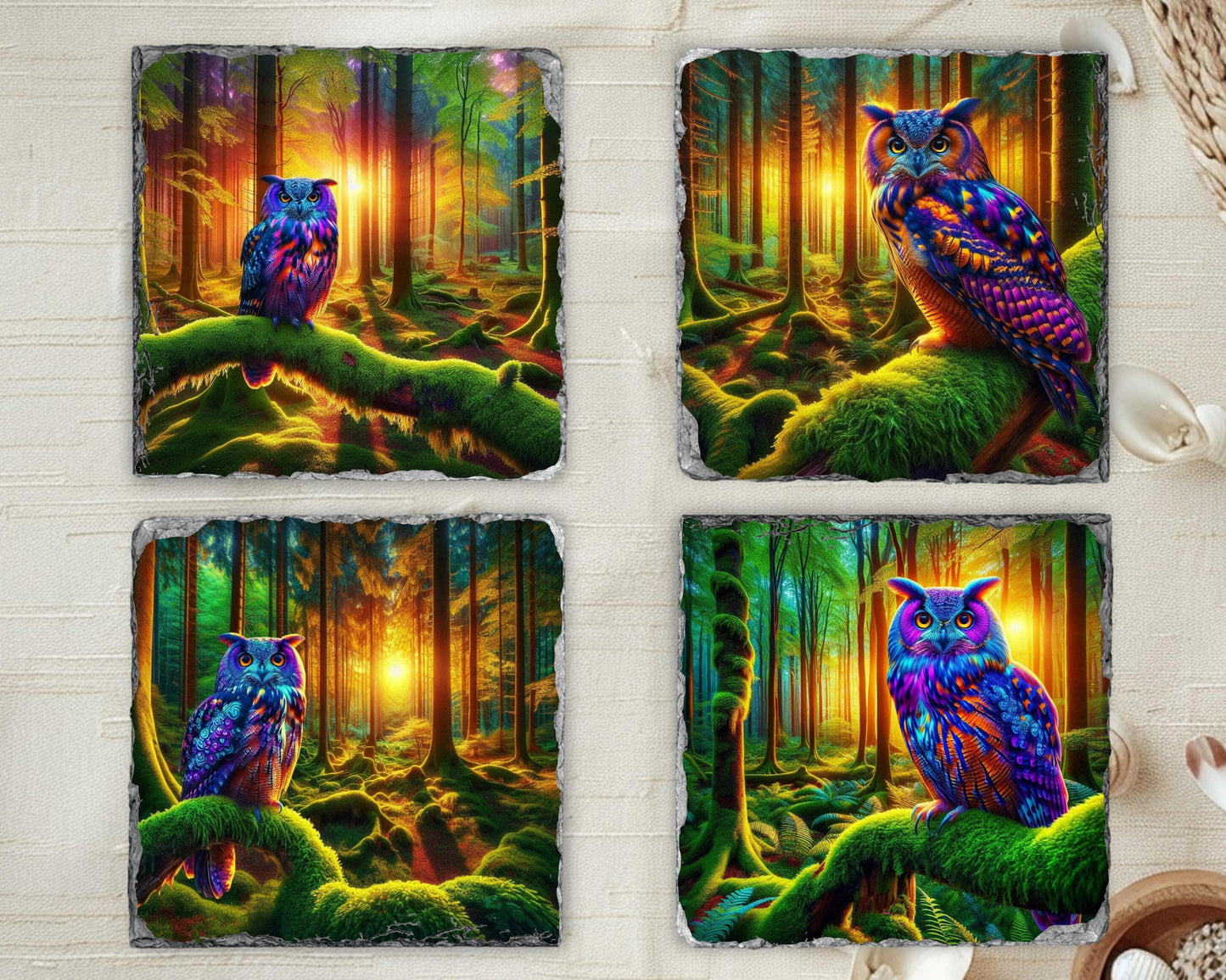 Owl Slate Coaster Set with Rack - Ideal Gift for Owl Enthusiasts