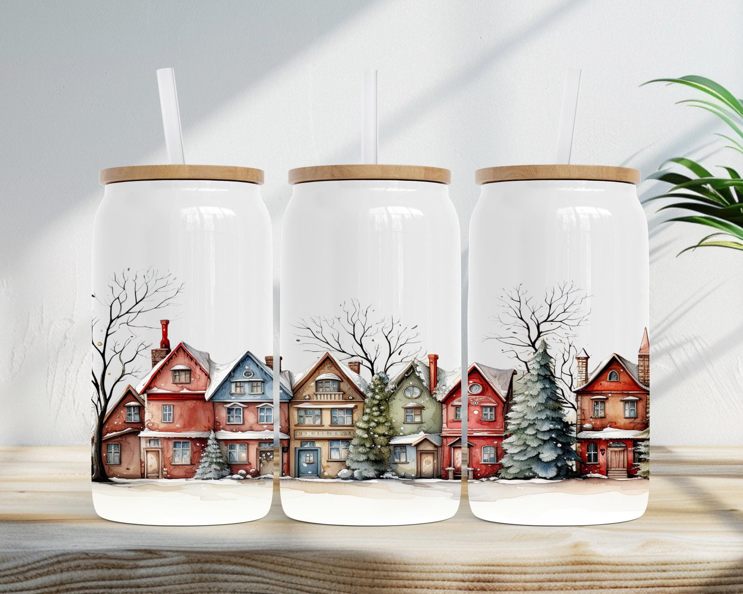 Winter Vintage Houses 16oz Insulated Soda Can with Bamboo Lid