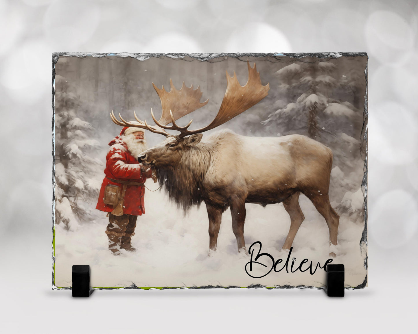 Believe Quote Slate Plaque with Santa Reindeer - Fractured Edge Christmas Decor