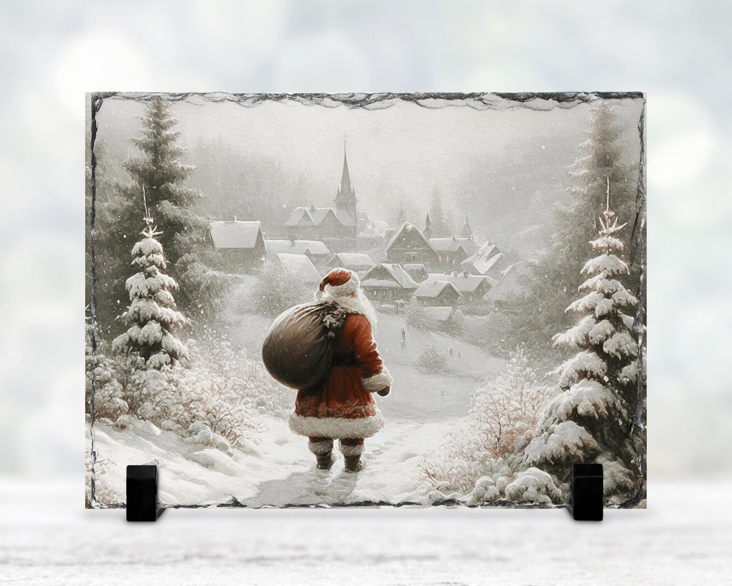 Vintage Village Santa Slate, Snowy Path Christmas Scene, Gift for Santa Lovers