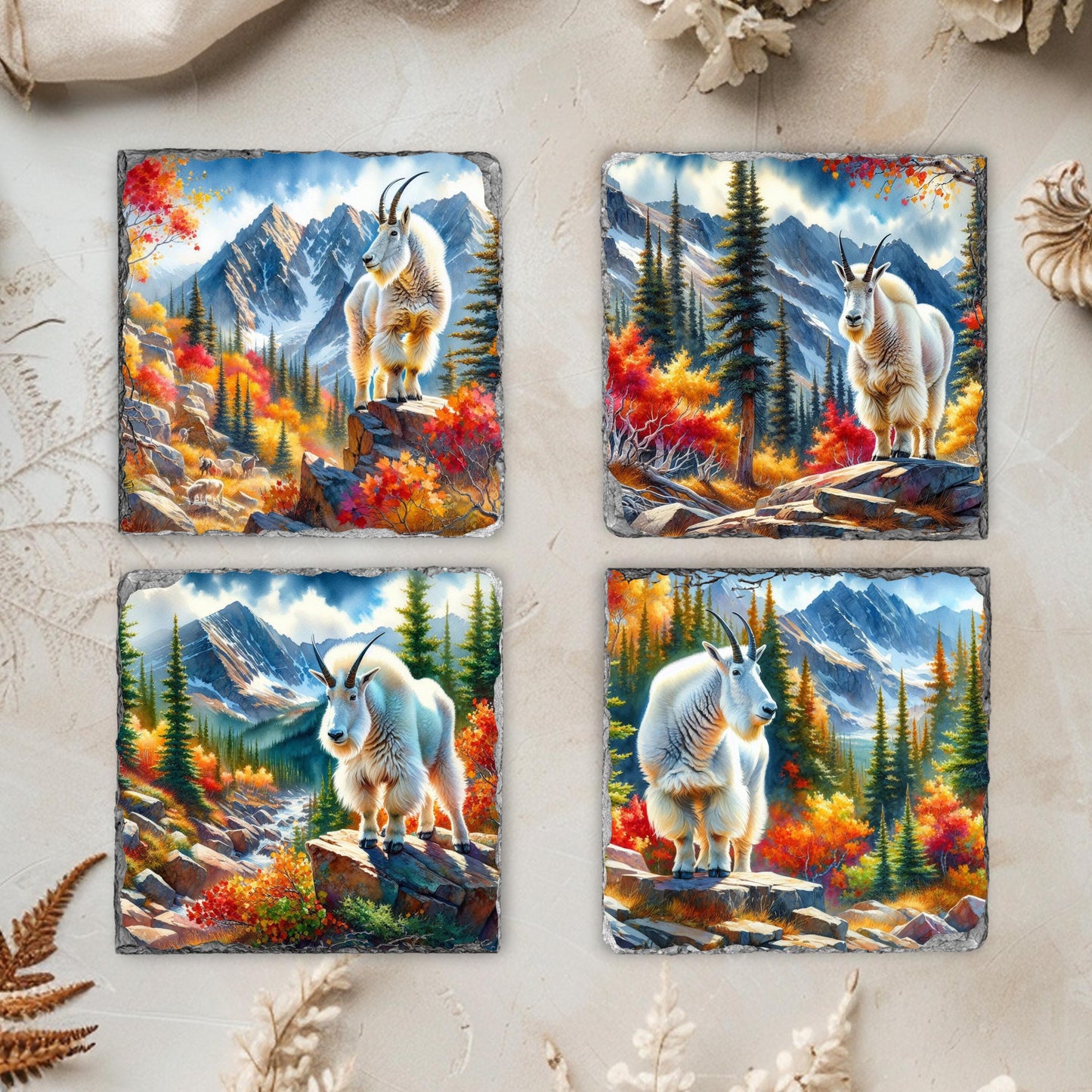 Handcrafted Slate Coaster Set with Fall Mountain Goat Designs - Perfect Gift for Nature Lovers