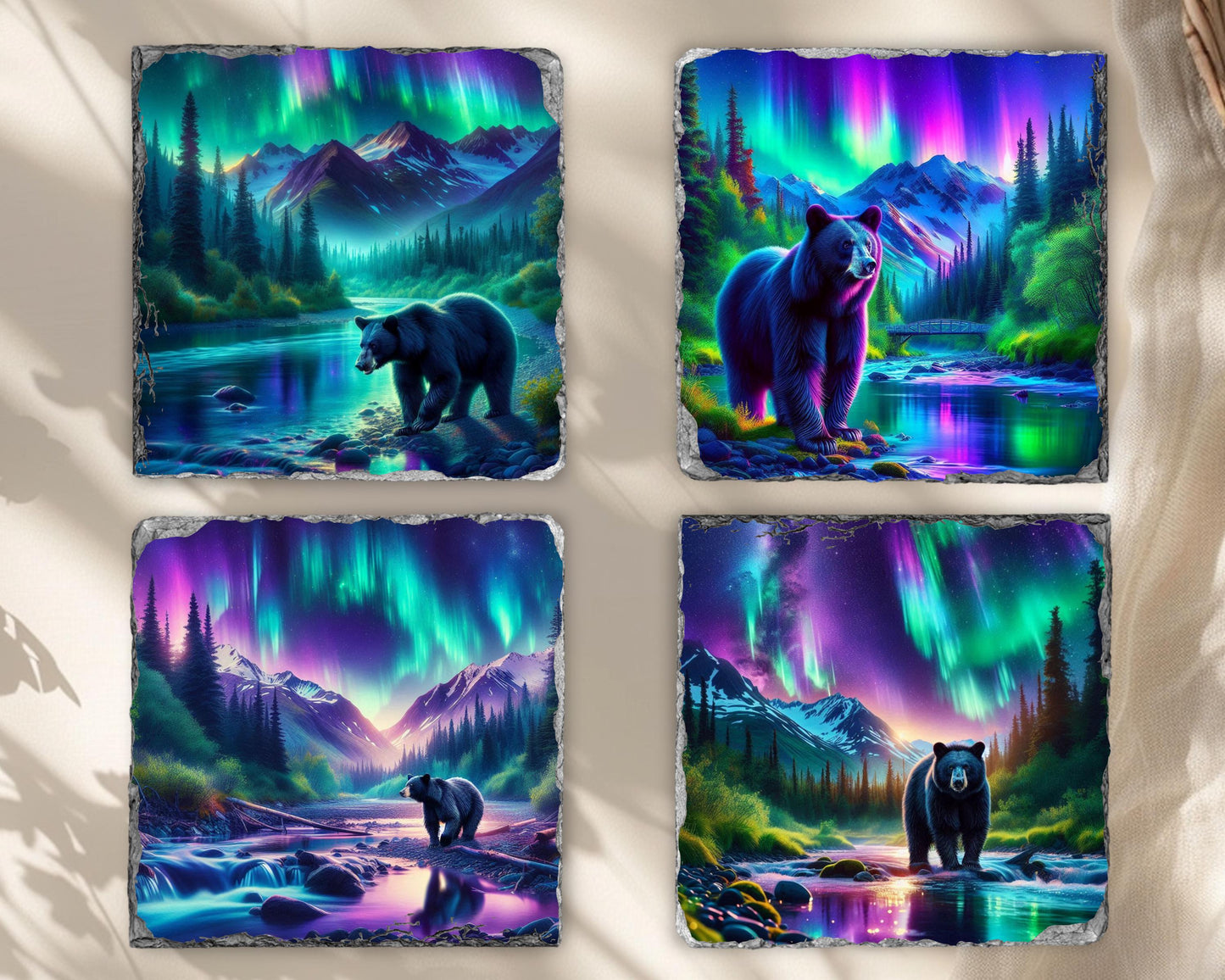 Black Bear Slate Coaster Set - Rustic Cabin Drinkware Decor for Nature Lovers