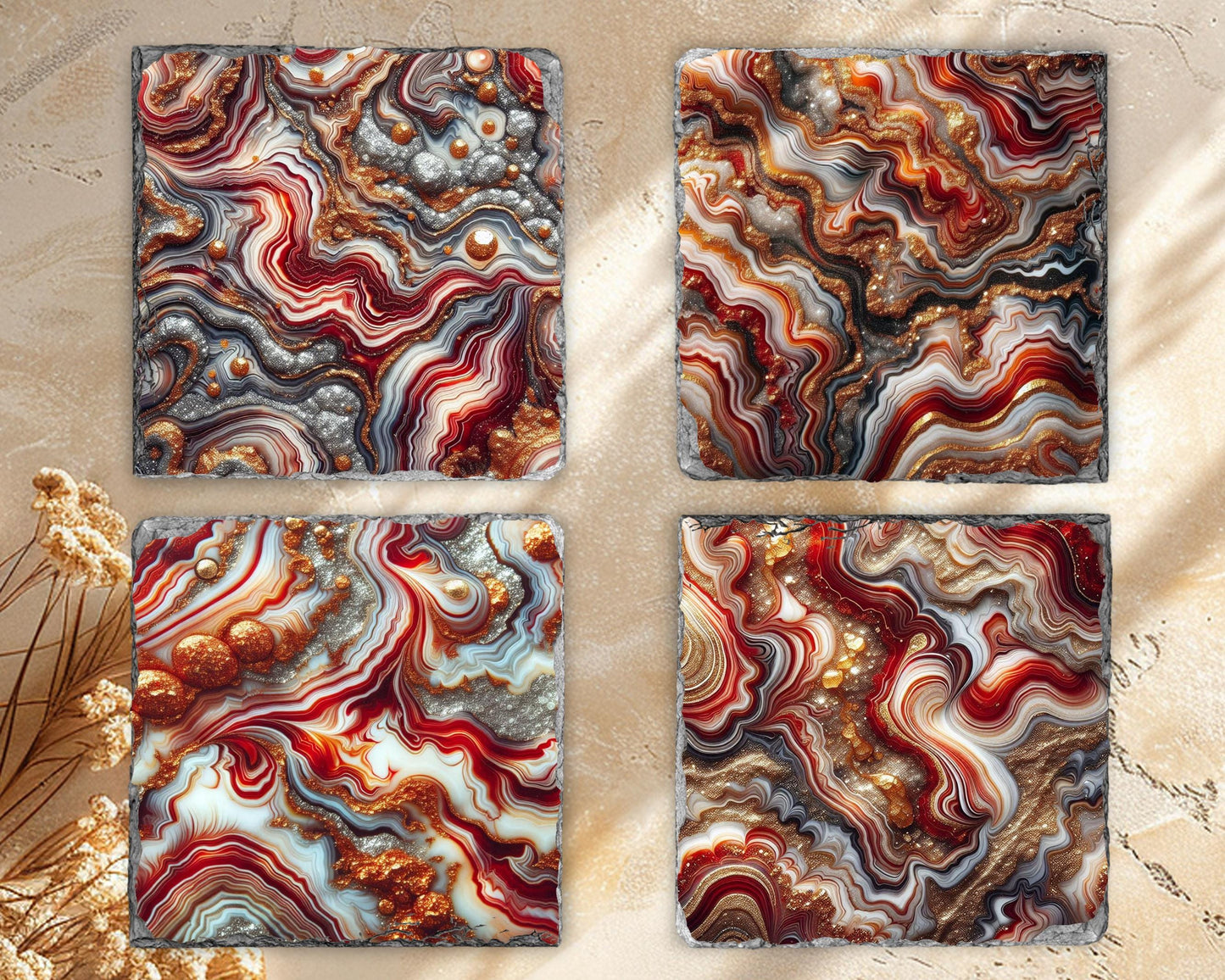 Fractured Edge Slate Coasters Set of 4 with Red Gold Glitter Agate - Unique Housewarming Gift for New Home Decor