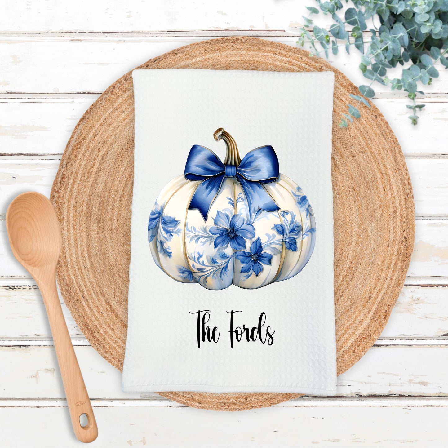 Custom Name Waffle Weave Towel, Chinoiserie Coquette Pumpkin & Blue Bow