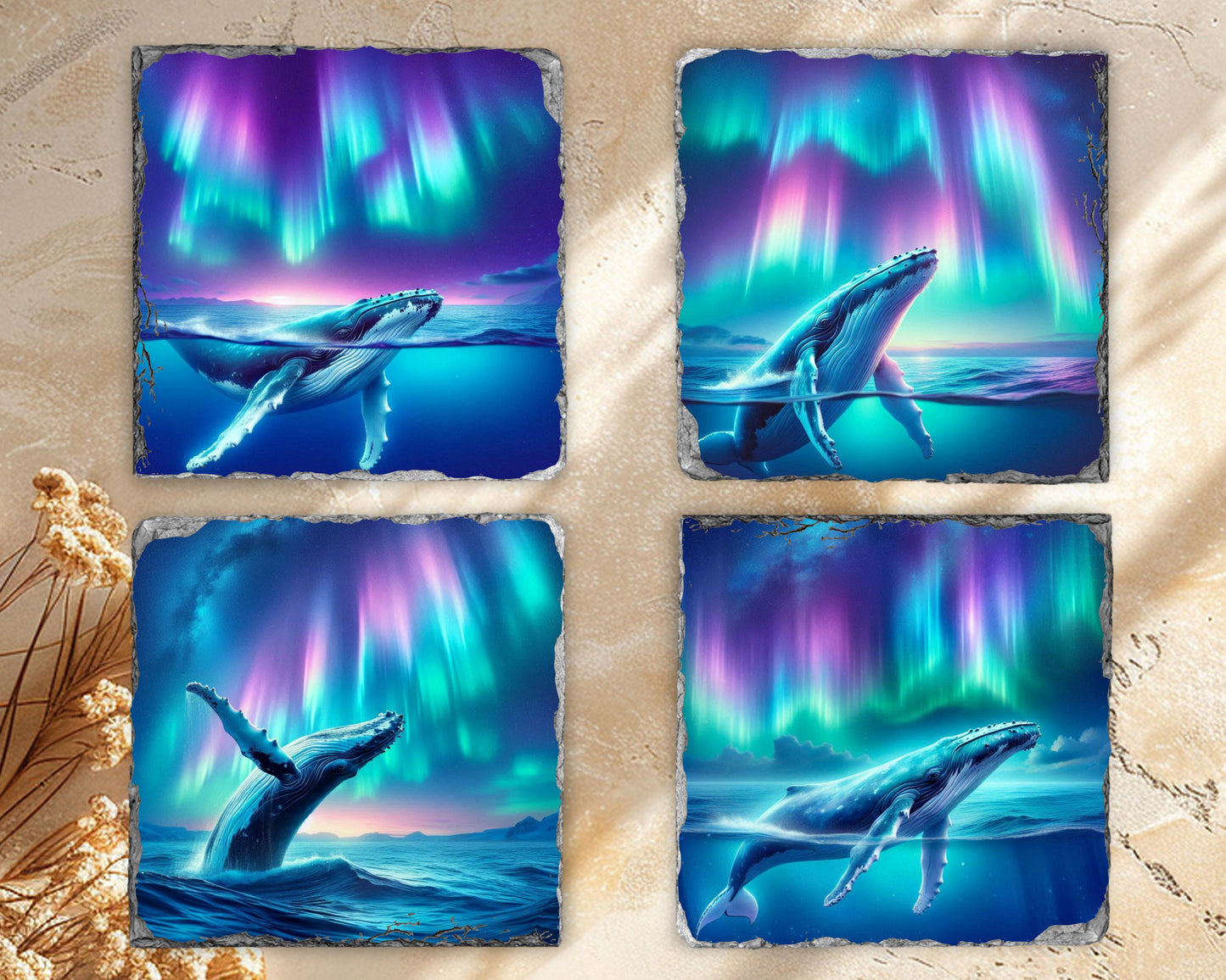 Humpback Whale Slate Coaster Set Ocean Art Gift for Whale Lovers Featuring Northern Lights Design