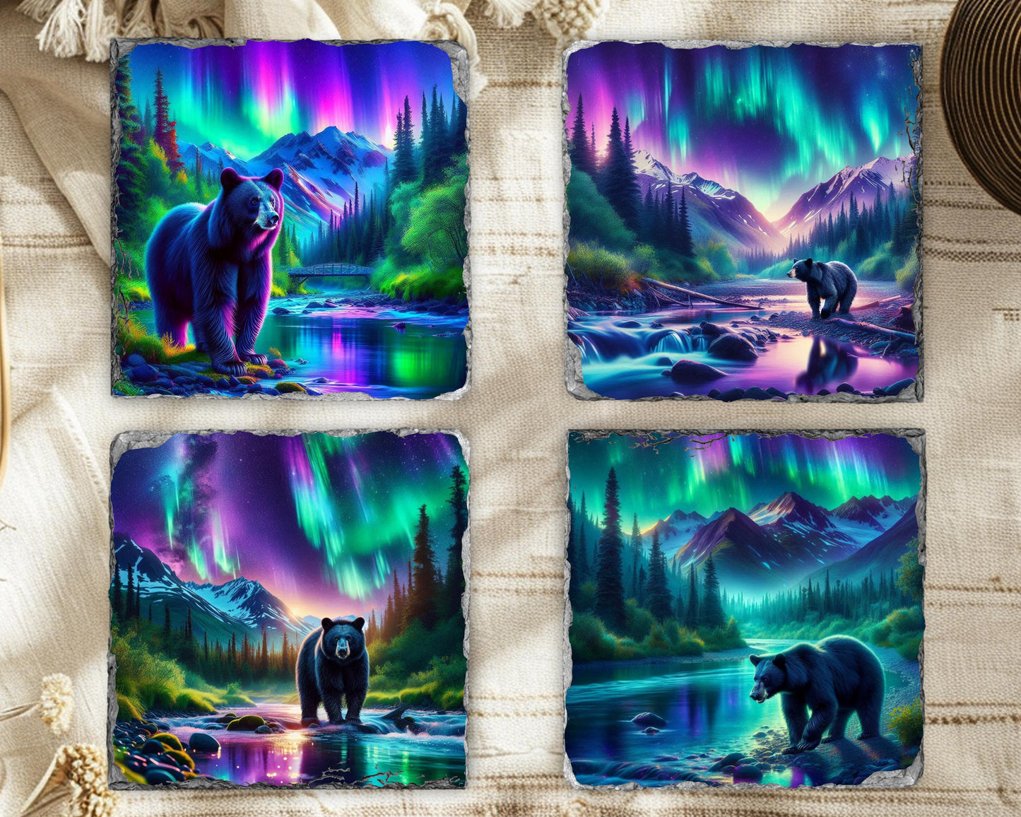 Black Bear Slate Coaster Set - Rustic Cabin Drinkware Decor for Nature Lovers