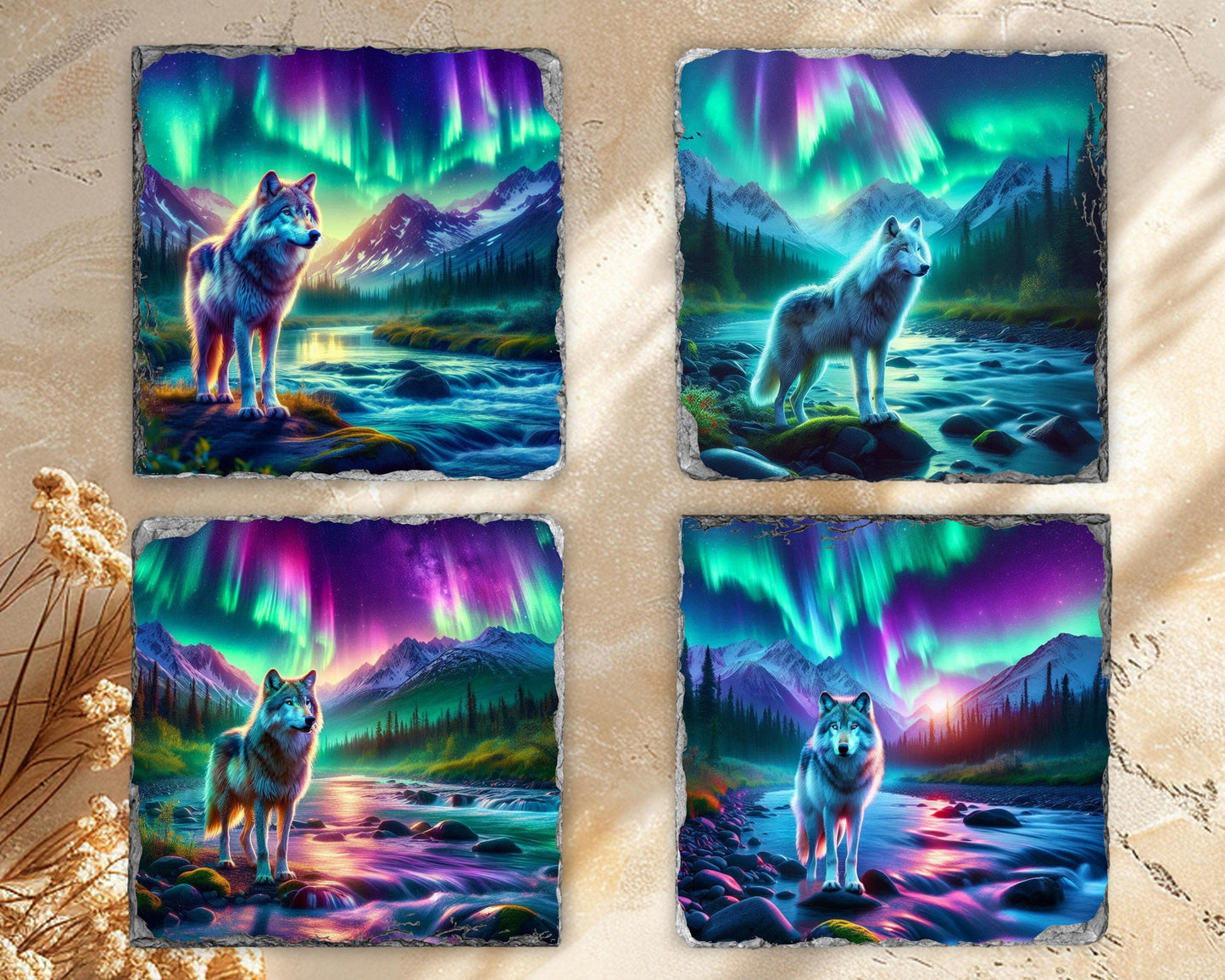 Northern Lights Wolf Slate Coaster Set - Rustic Cabin Decor Gift