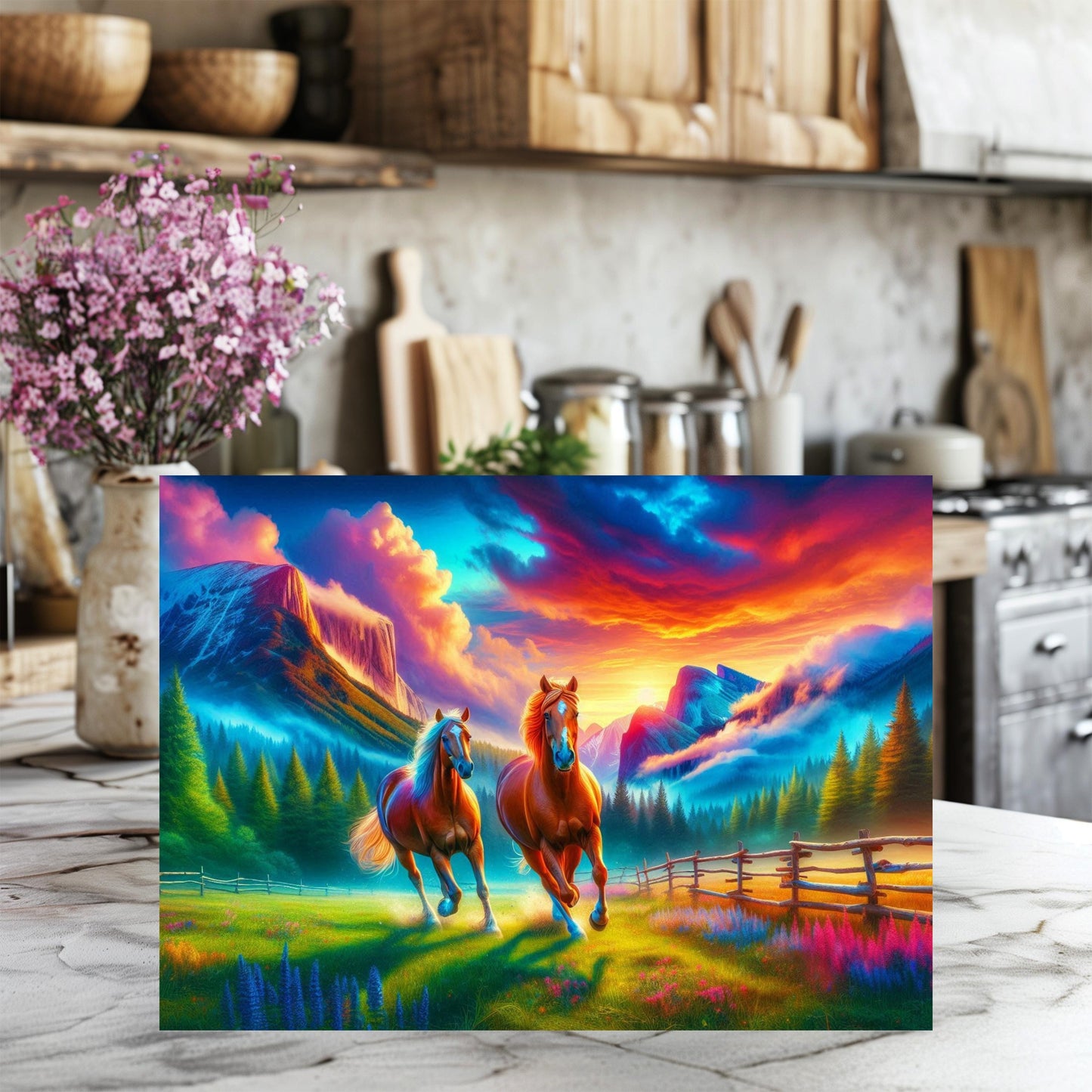Horse Sunset Cutting Board - Galloping Horses in Mountain Valley - Perfect Gift for Horse Lovers and Farmhouse Kitchens