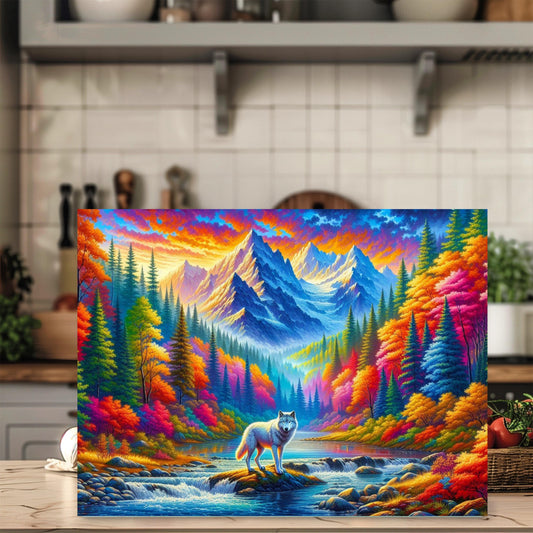 Vibrant Wolf Glass Cutting Board 11x15 Inch Fall Mountains Design - Unique Hostess Gift