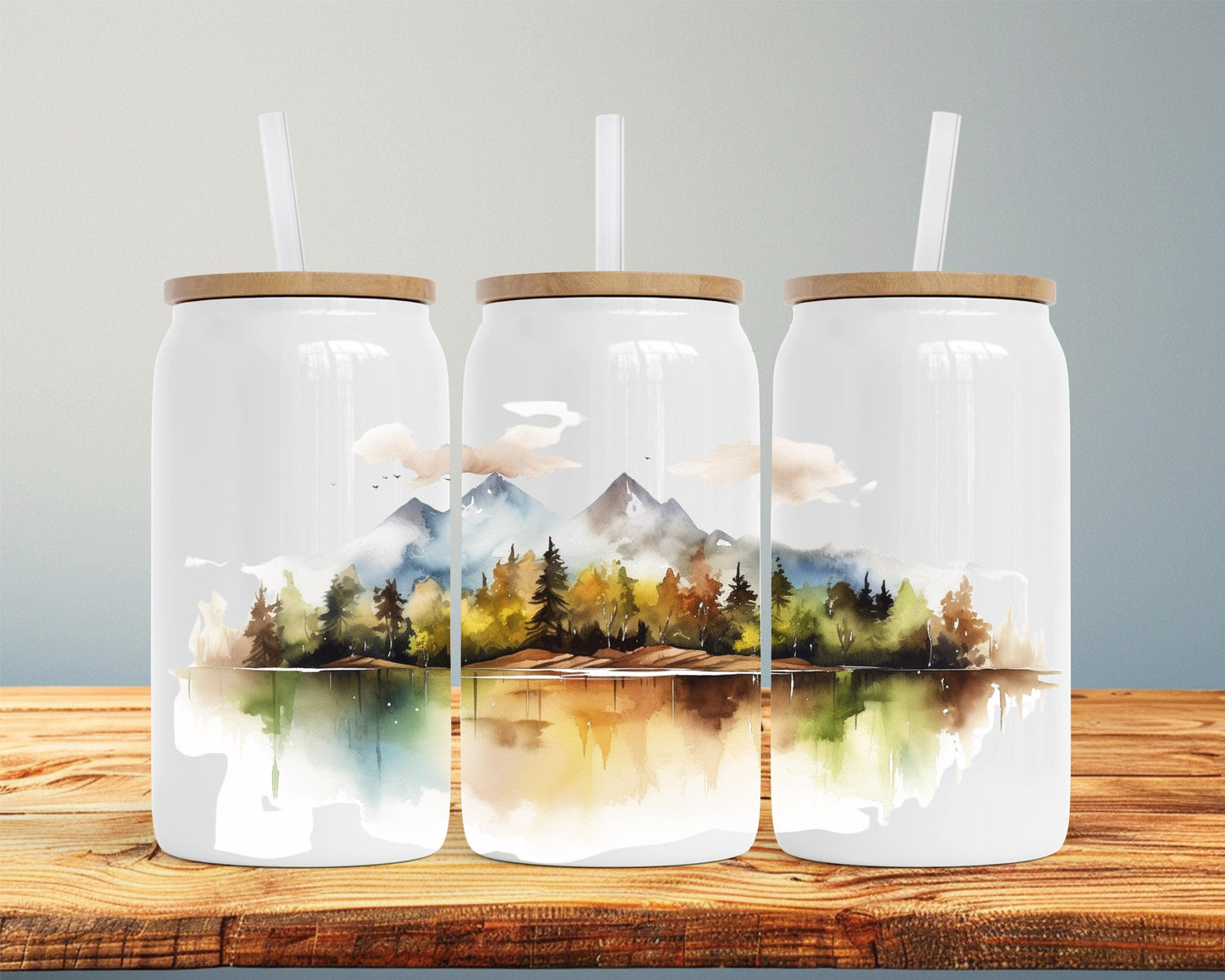 Eco-Friendly Stainless Steel Soda Can with Bamboo Lid, Mountain Watercolor Print