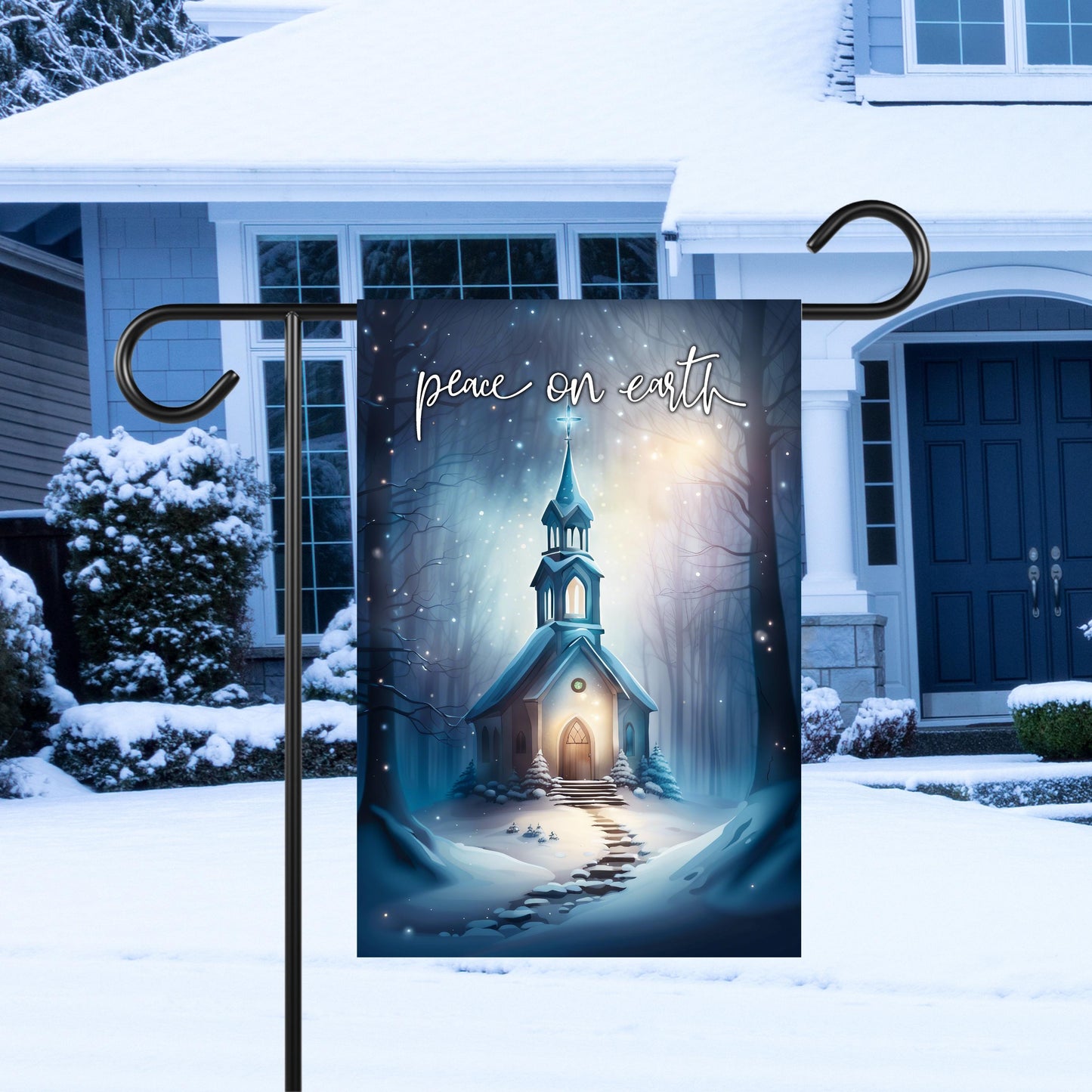 Garden Flag - Vintage Church Winter Scene 12x18 Inch Peace On Earth Design