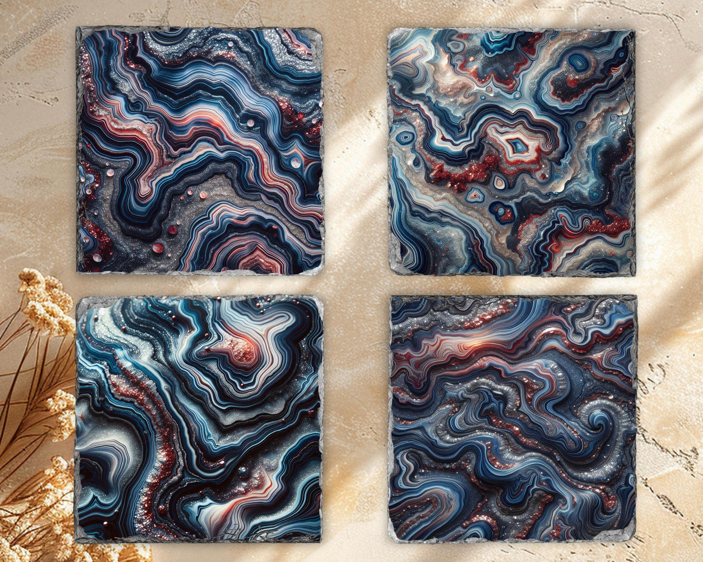 Agate Pattern Slate Coaster Set with Unique Fractured Edges - Nature-Inspired Stone Coasters Perfect Gift for Him