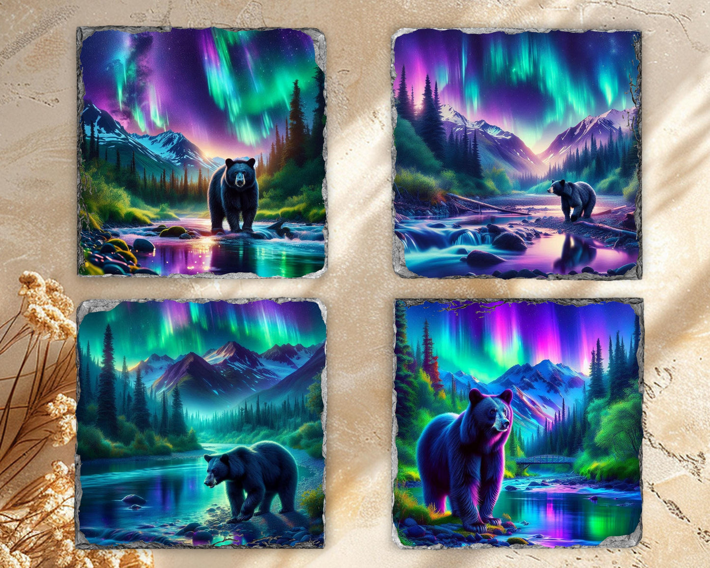 Black Bear Slate Coaster Set - Rustic Cabin Drinkware Decor for Nature Lovers