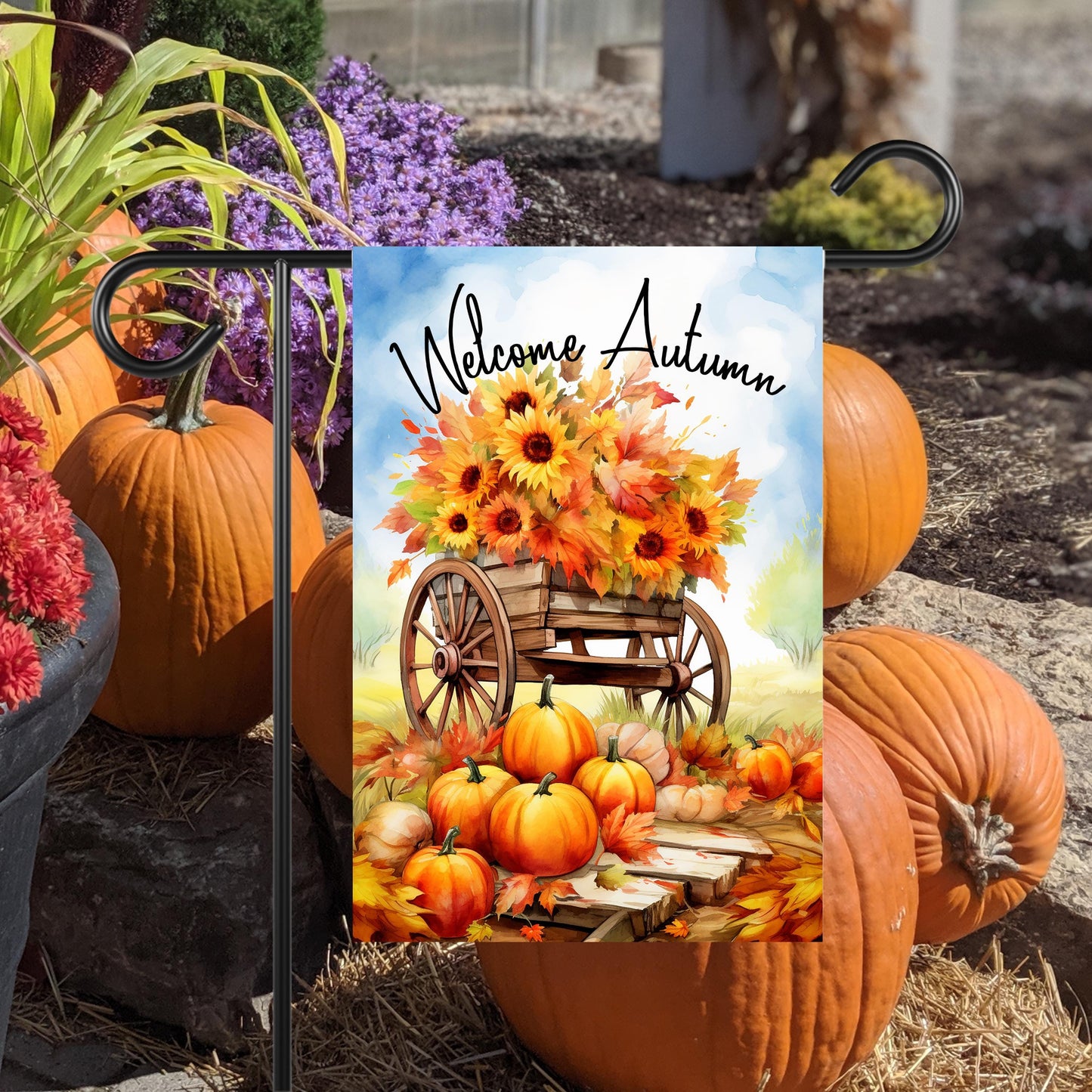 Autumn Garden Flag with Pumpkins and Blue Sky - 12x18 Inch Seasonal Decor