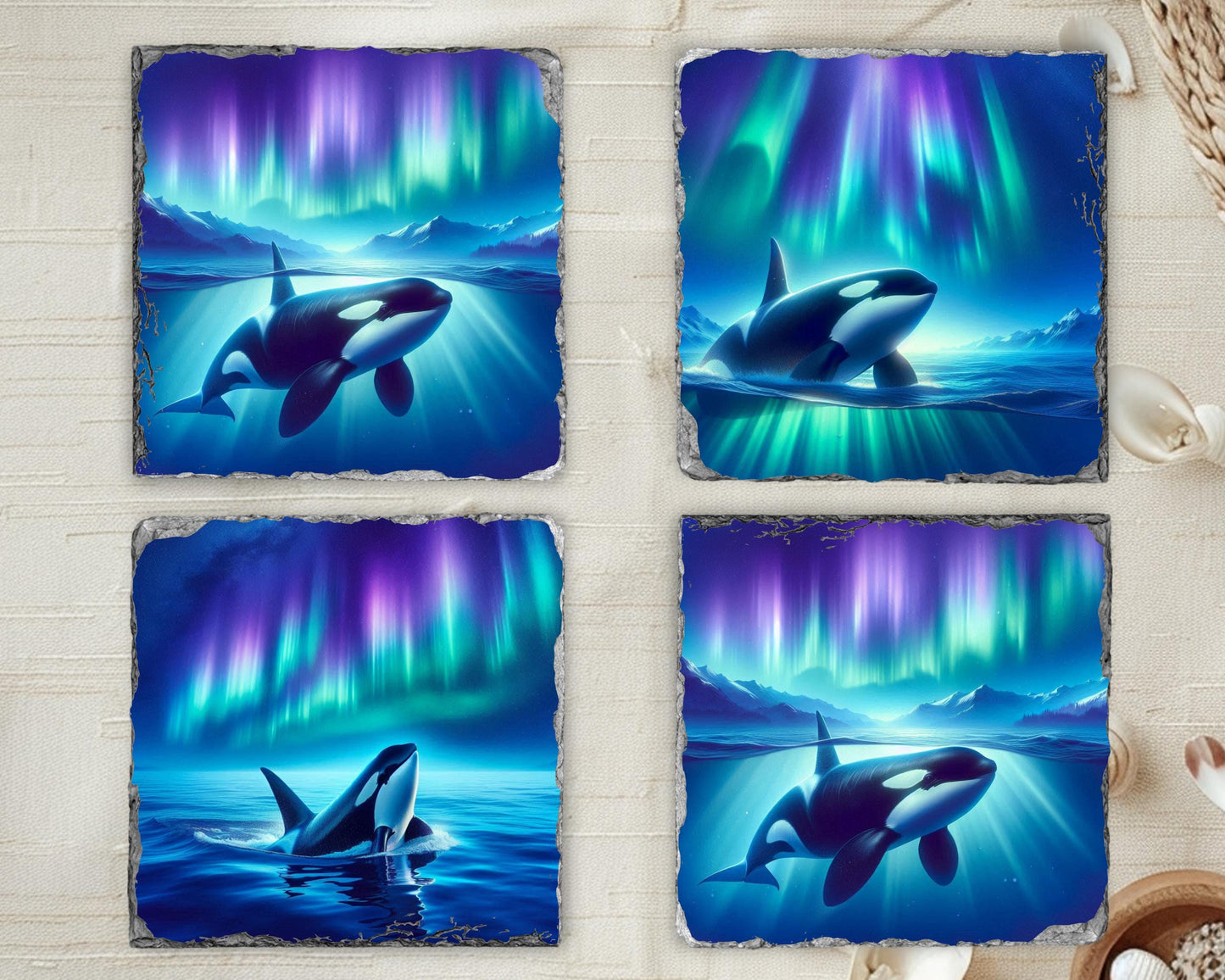 Ocean Orca Coasters Set of 4 Unique Northern Lights Decor for Whale Lovers
