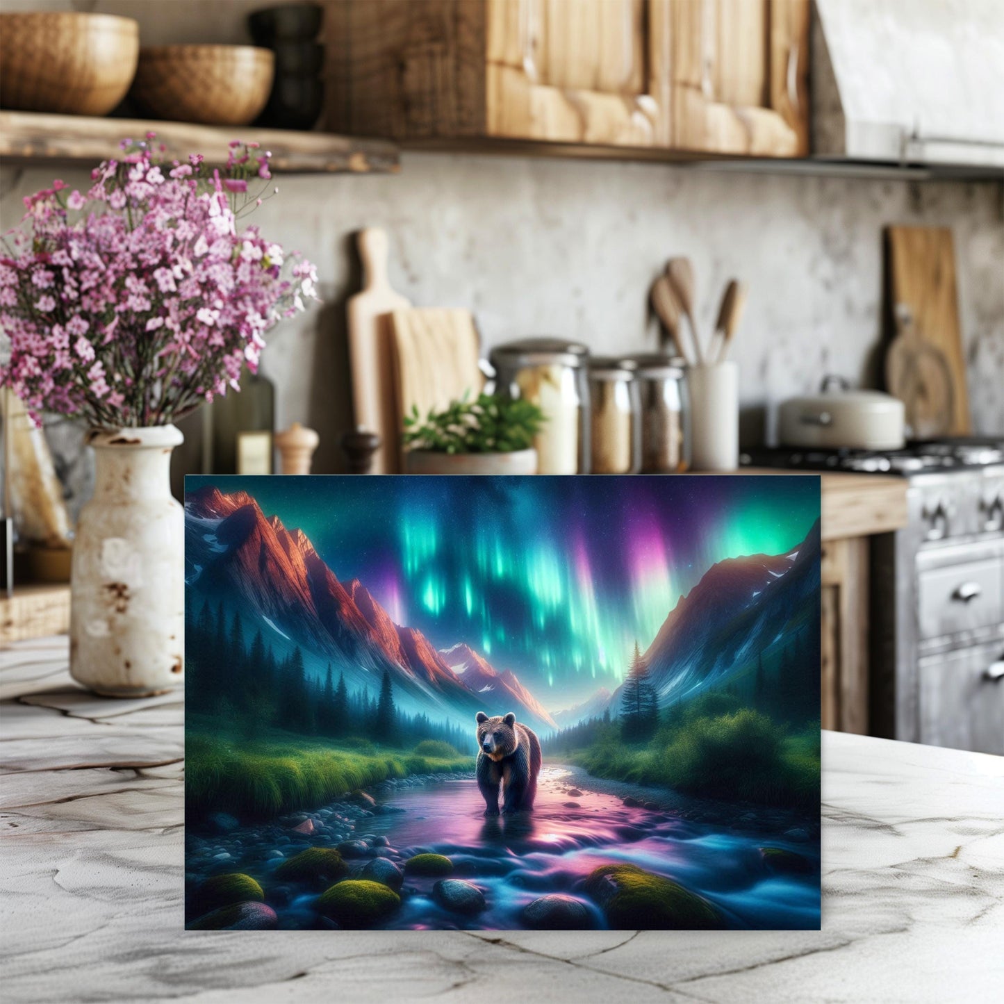 Vibrant Northern Lights Bear River Tempered Glass Cutting Board, Hostess Housewarming Gift, Bear Lover Gift, Kitchen Decor for Mom, New Home
