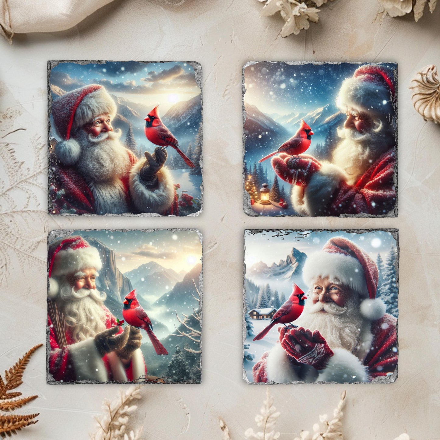 Slate Coaster Set with Santa Cardinal Winter Scene - Fractured Edged Coasters for Holiday Decor Gifting