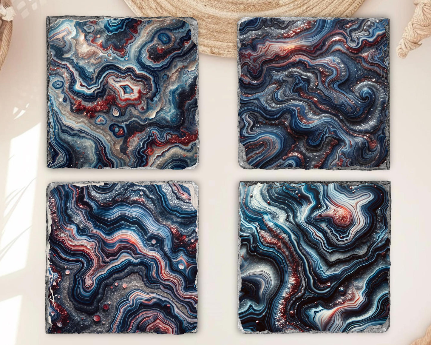 Agate Pattern Slate Coaster Set with Unique Fractured Edges - Nature-Inspired Stone Coasters Perfect Gift for Him