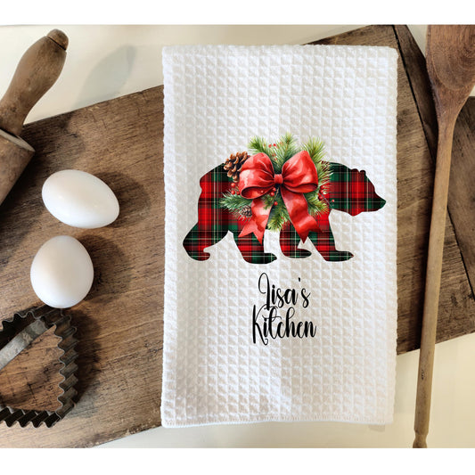 Personalized Christmas Bear Kitchen Towel - Cute Holiday Decor Gift for Home