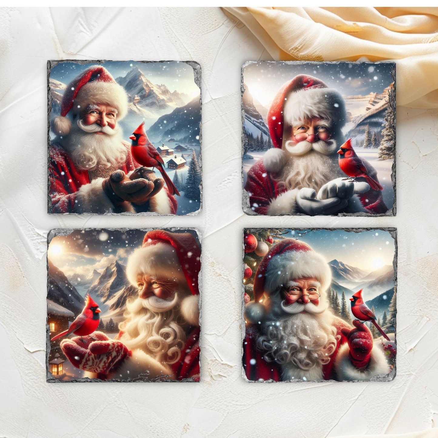 Slate Coaster Set with Santa's Winter Scene and Cardinal - 3.5x3.5 Inches Fractured Edges Includes Black Rack Ideal Holiday Gift