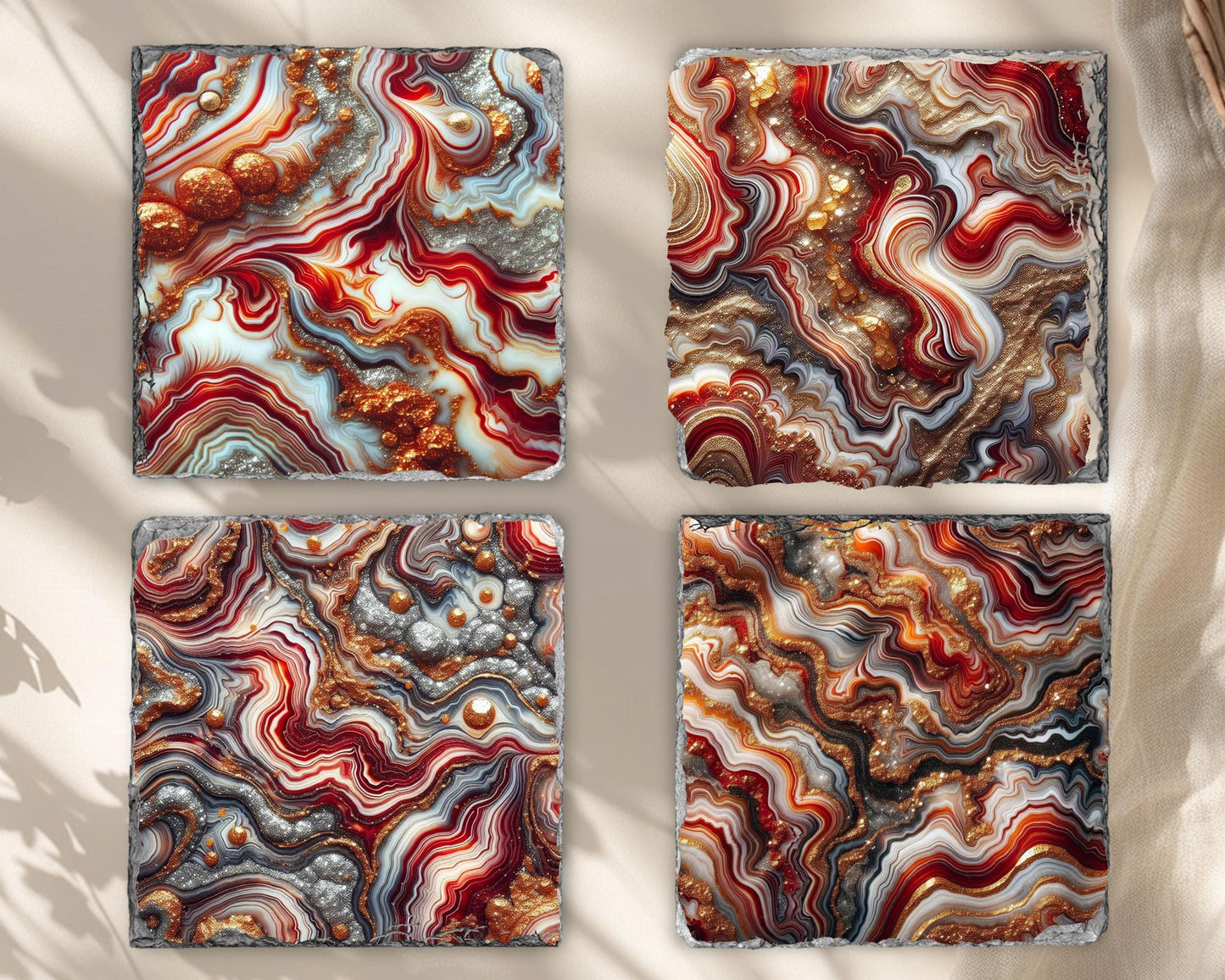 Fractured Edge Slate Coasters Set of 4 with Red Gold Glitter Agate - Unique Housewarming Gift for New Home Decor