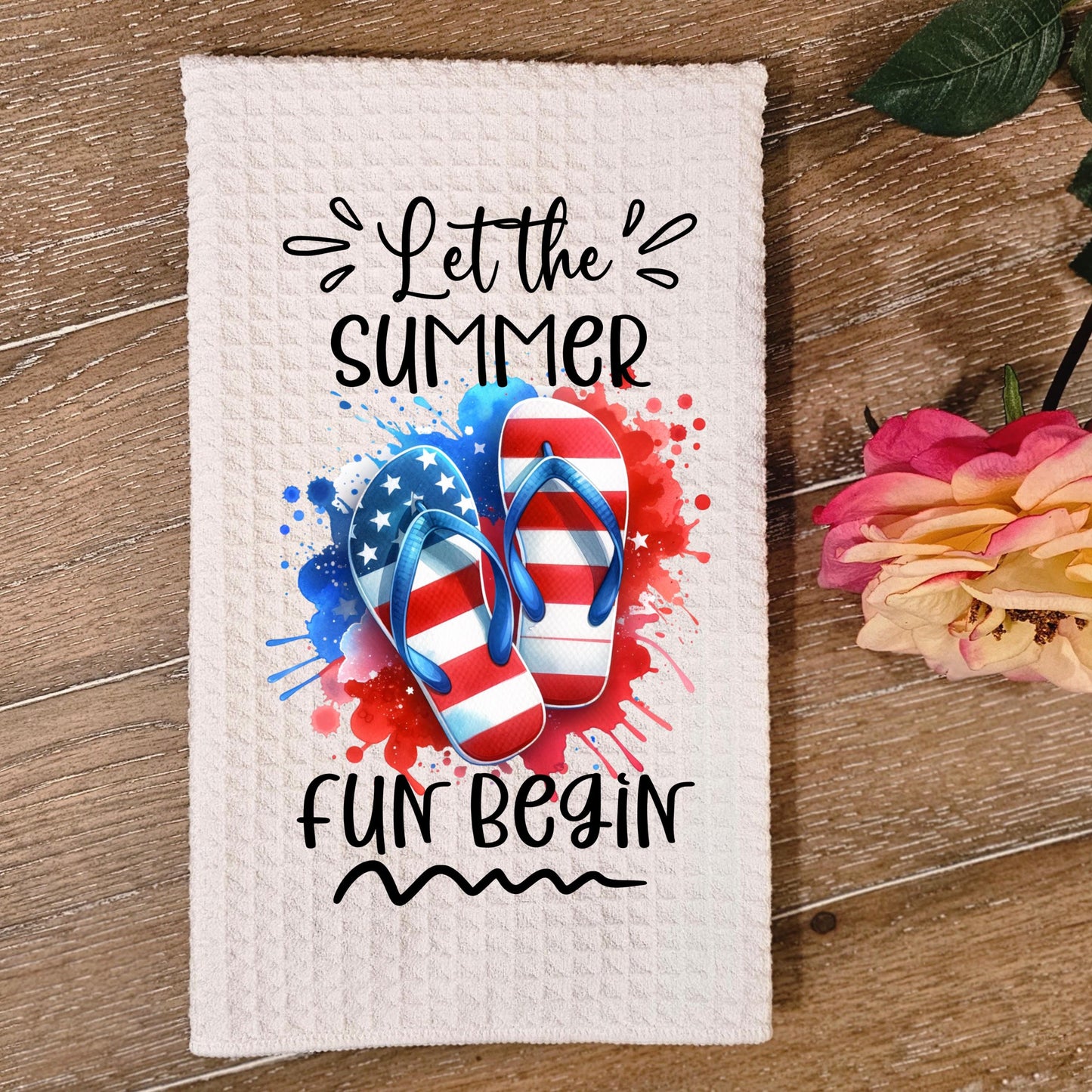 Patriotic Flip Flops Quote Waffle Weave Towel, Summer Fun Decor, Unique Hostess Gift