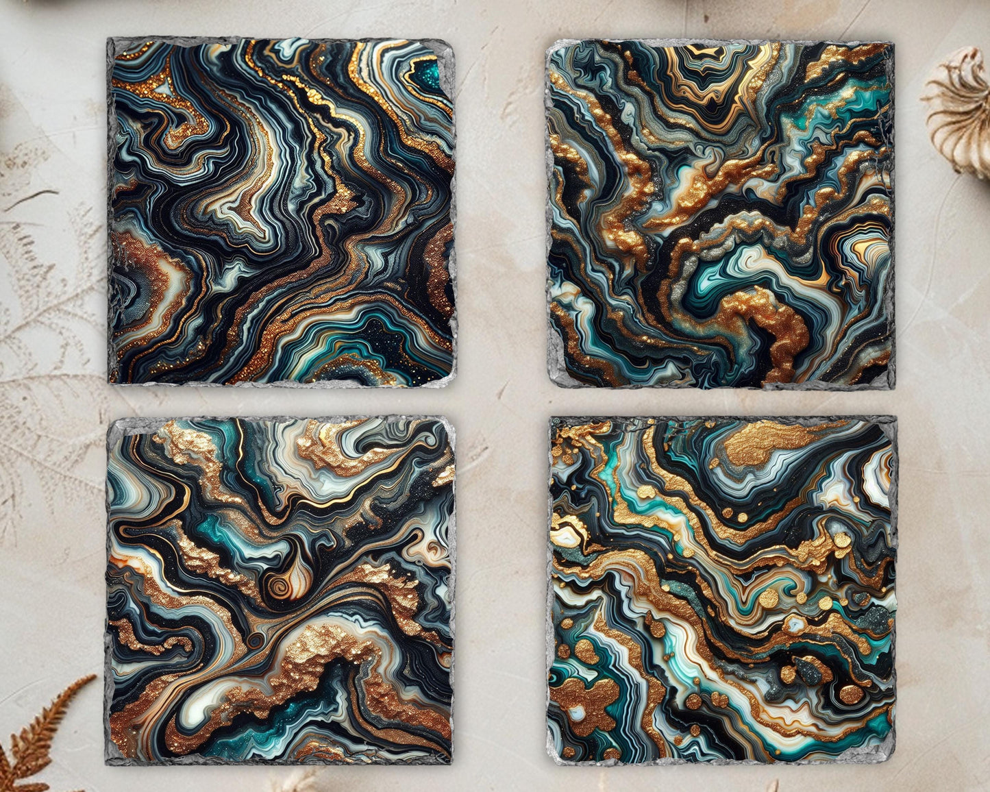 Black and Gold Agate Coaster Set with Faux Glitter - Elegant Hostess Gift and Holiday Present