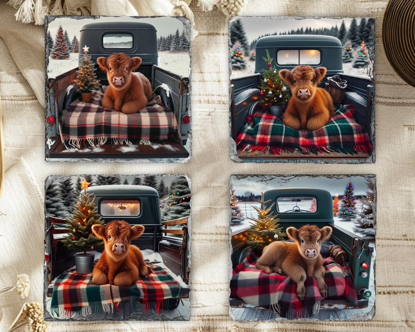 Highland Cow Christmas Coaster Set with Rack - Rustic Slate Coasters Featuring Baby Cow in Truck Perfect for Farmhouse Decor