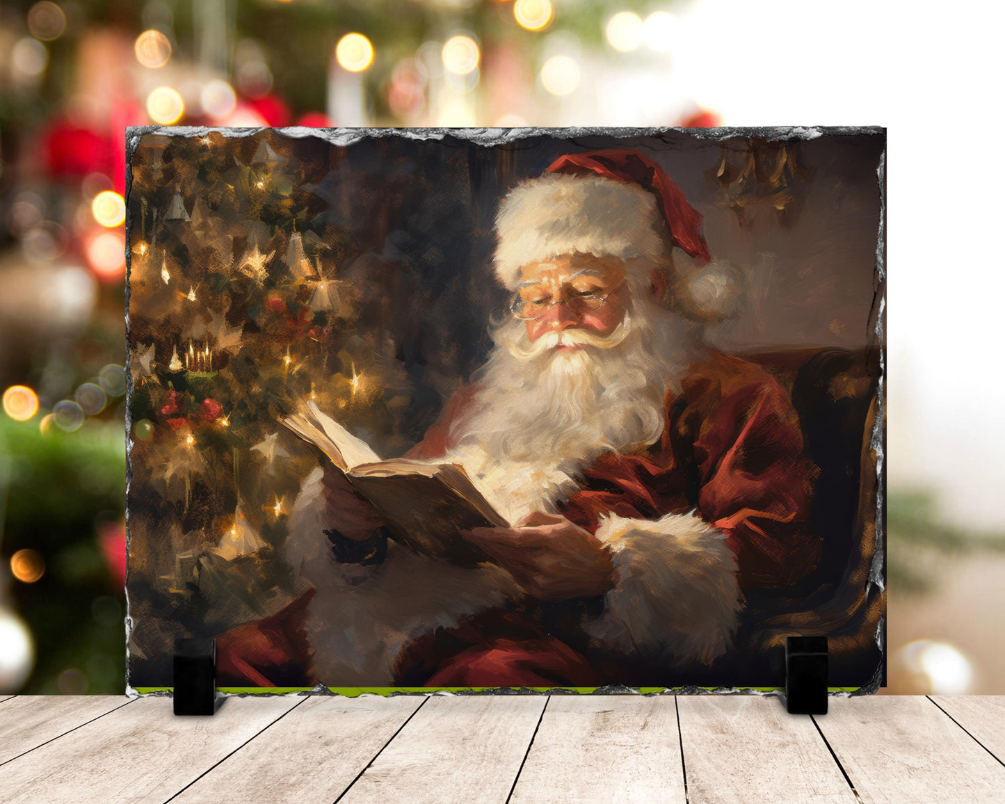 Watercolor Santa Slate Plaque - Holiday Decor with Fractured Edge Christmas Tree Reading Scene