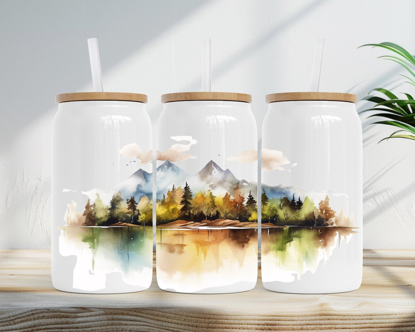 Eco-Friendly Stainless Steel Soda Can with Bamboo Lid, Mountain Watercolor Print