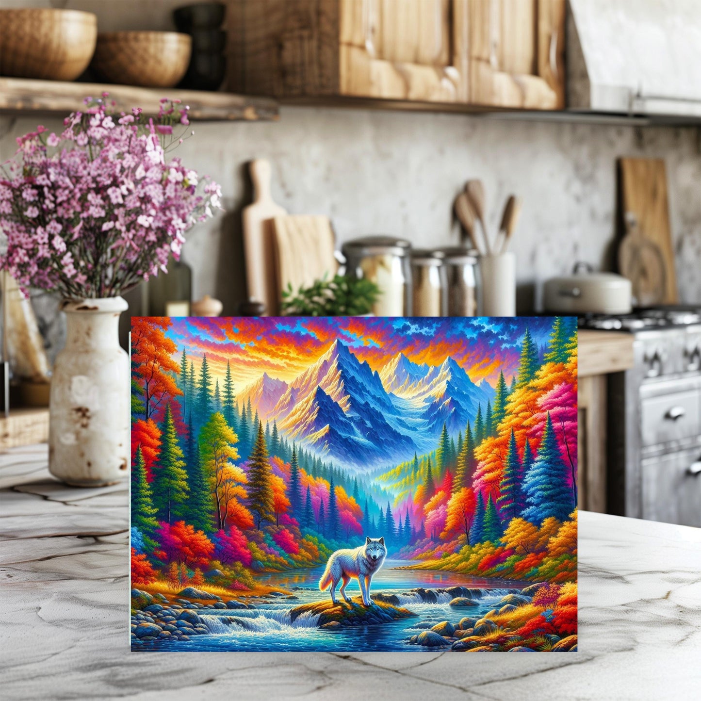Vibrant Wolf Glass Cutting Board 11x15 Inch Fall Mountains Design - Unique Hostess Gift
