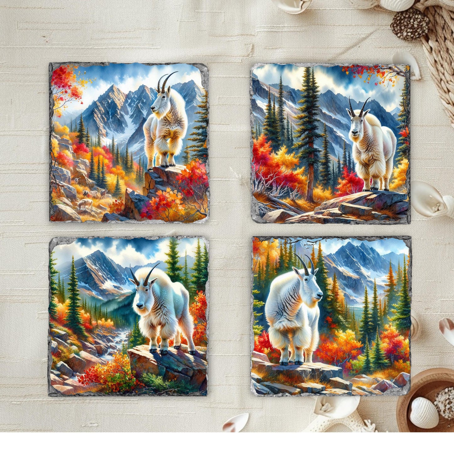 Handcrafted Slate Coaster Set with Fall Mountain Goat Designs - Perfect Gift for Nature Lovers