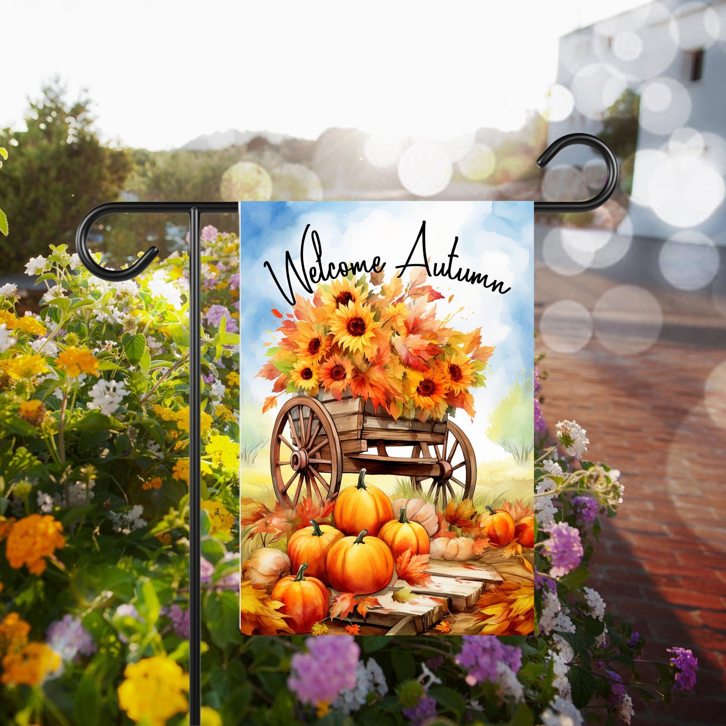Autumn Garden Flag with Pumpkins and Blue Sky - 12x18 Inch Seasonal Decor
