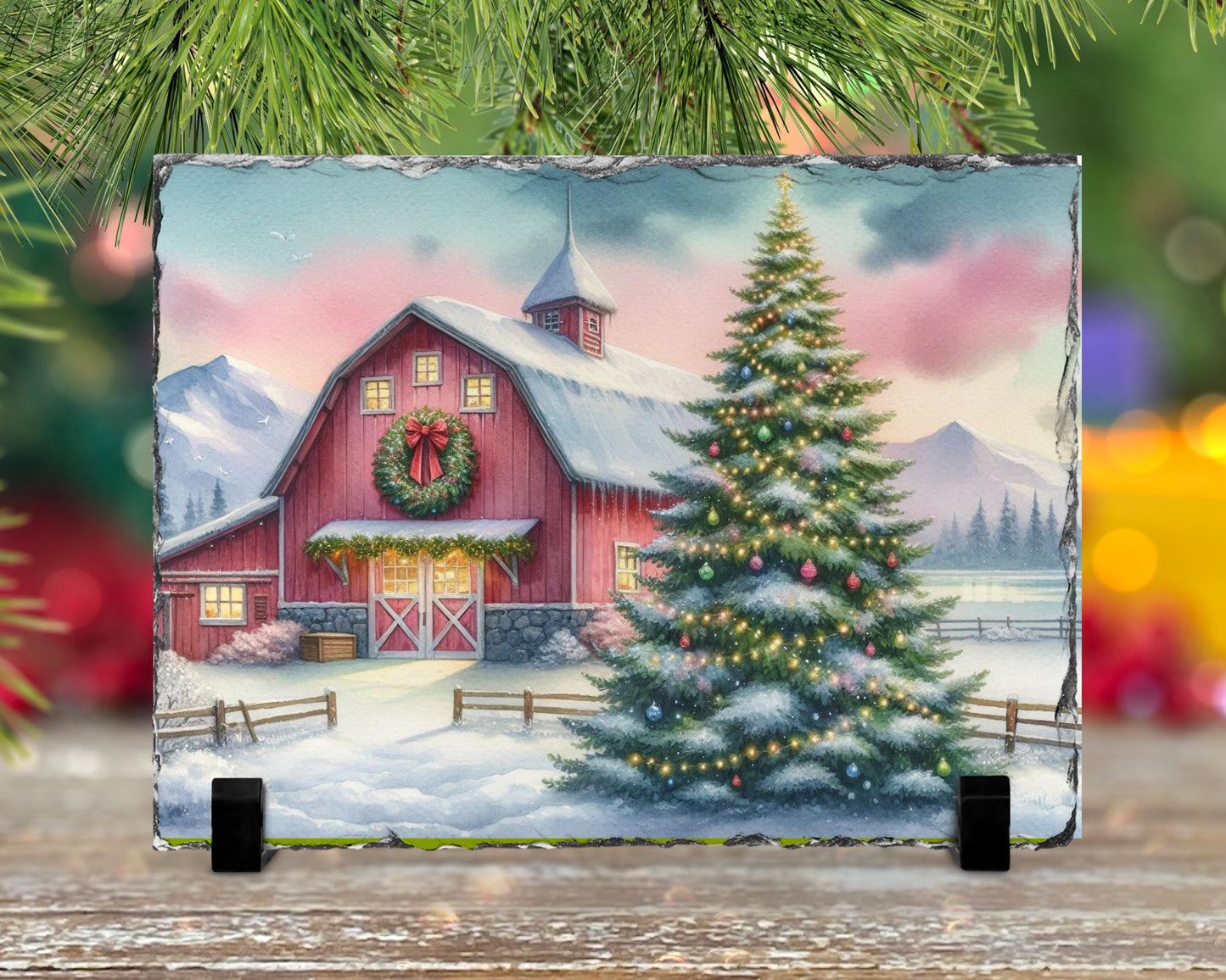 Watercolor Barn Slate - Snowy Mountain Christmas Decor