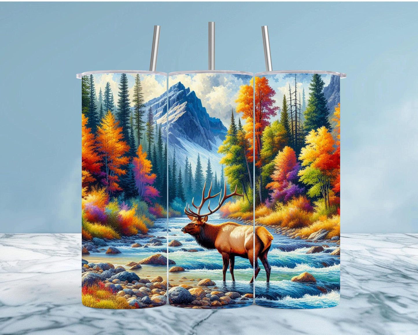 Elk Tumbler - 20oz or 30oz Colorful Fall Mountain River Scene Perfect Gift for Wildlife Enthusiasts